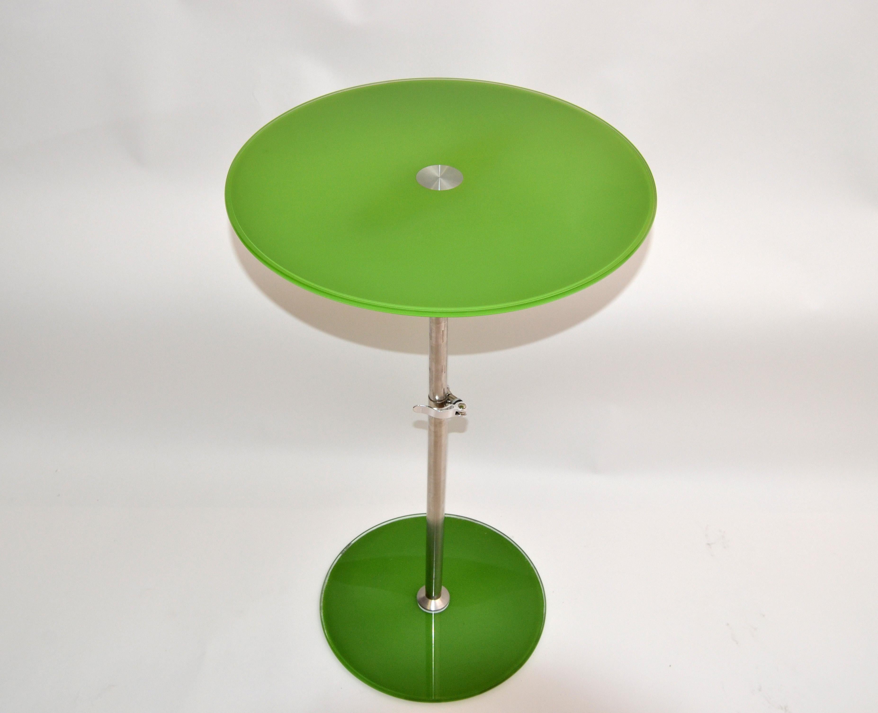 American Modern Adjustable Green Tempered Glass & Brushed Steel Side Table, Bistro Table