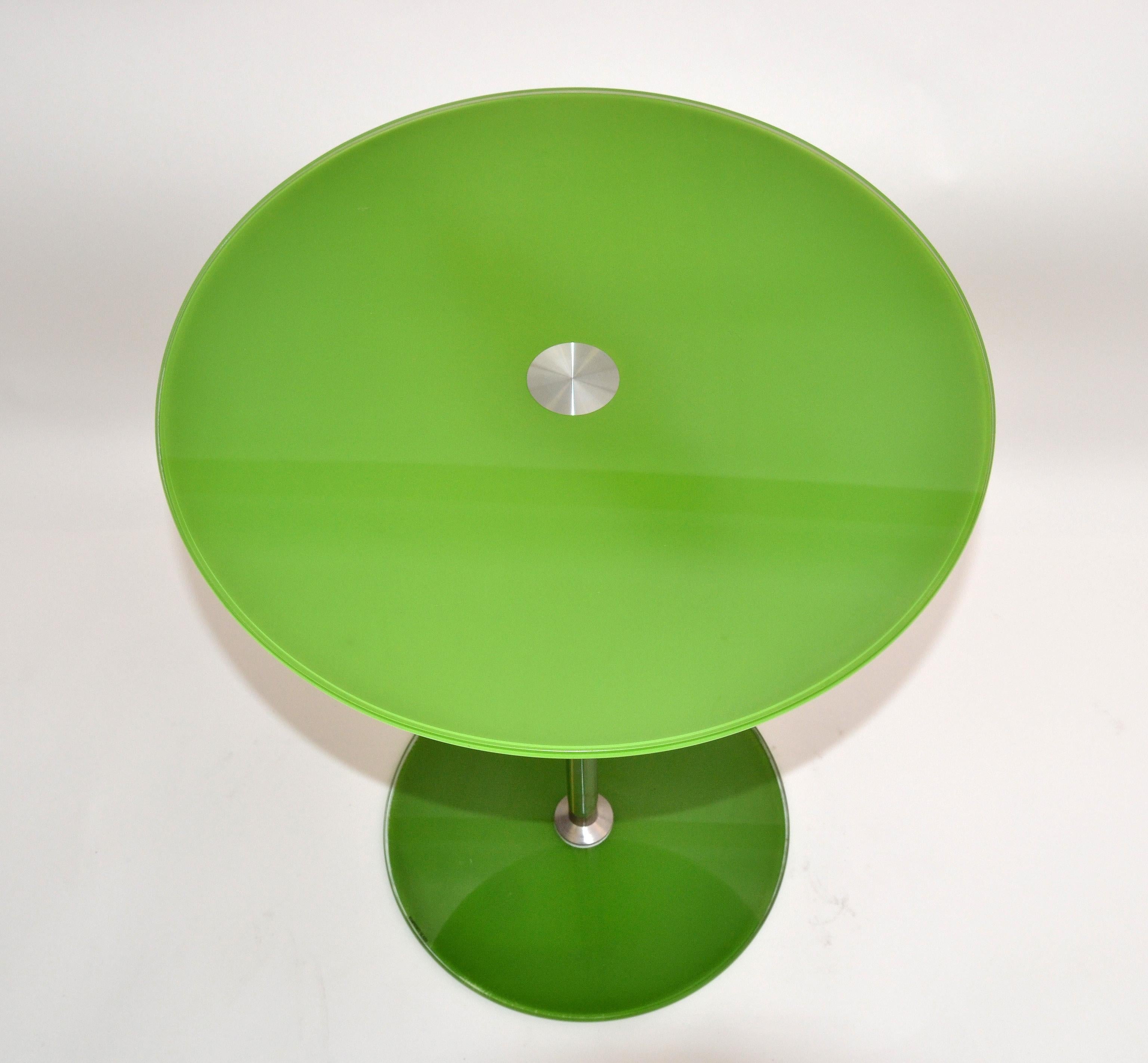 Modern Adjustable Green Tempered Glass & Brushed Steel Side Table, Bistro Table In Good Condition In Miami, FL