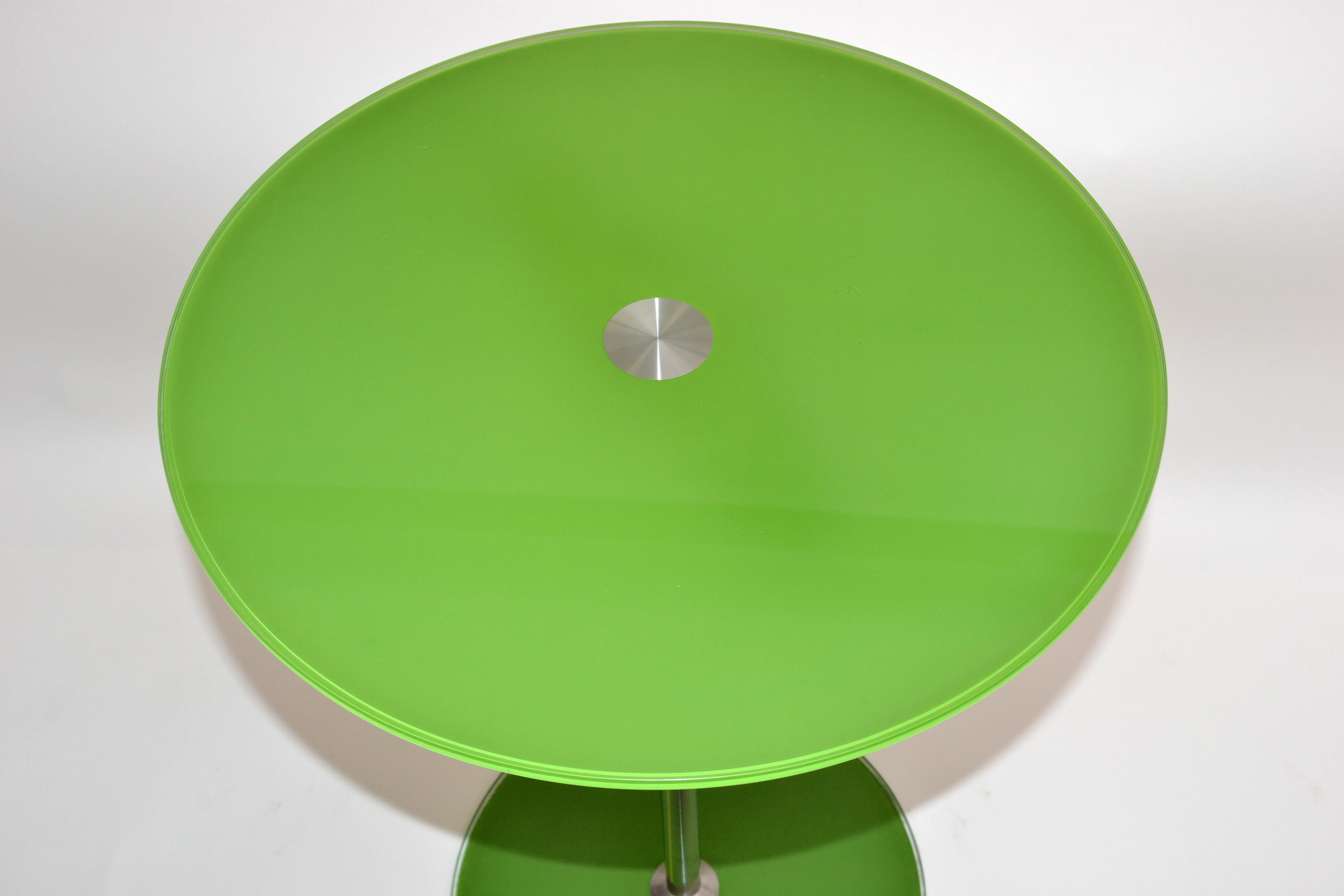 20th Century Modern Adjustable Green Tempered Glass & Brushed Steel Side Table, Bistro Table