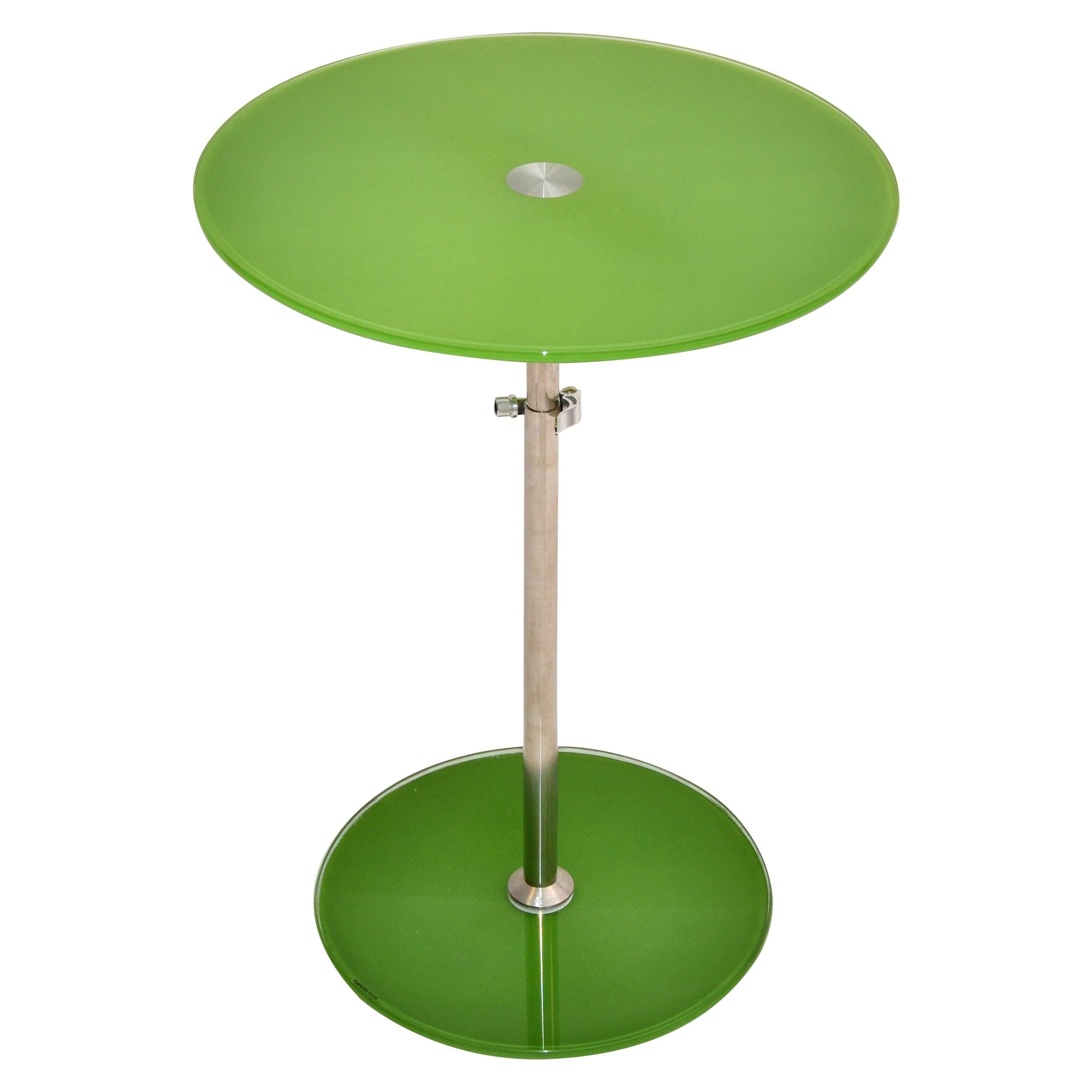Modern Adjustable Green Tempered Glass & Brushed Steel Side Table, Bistro Table