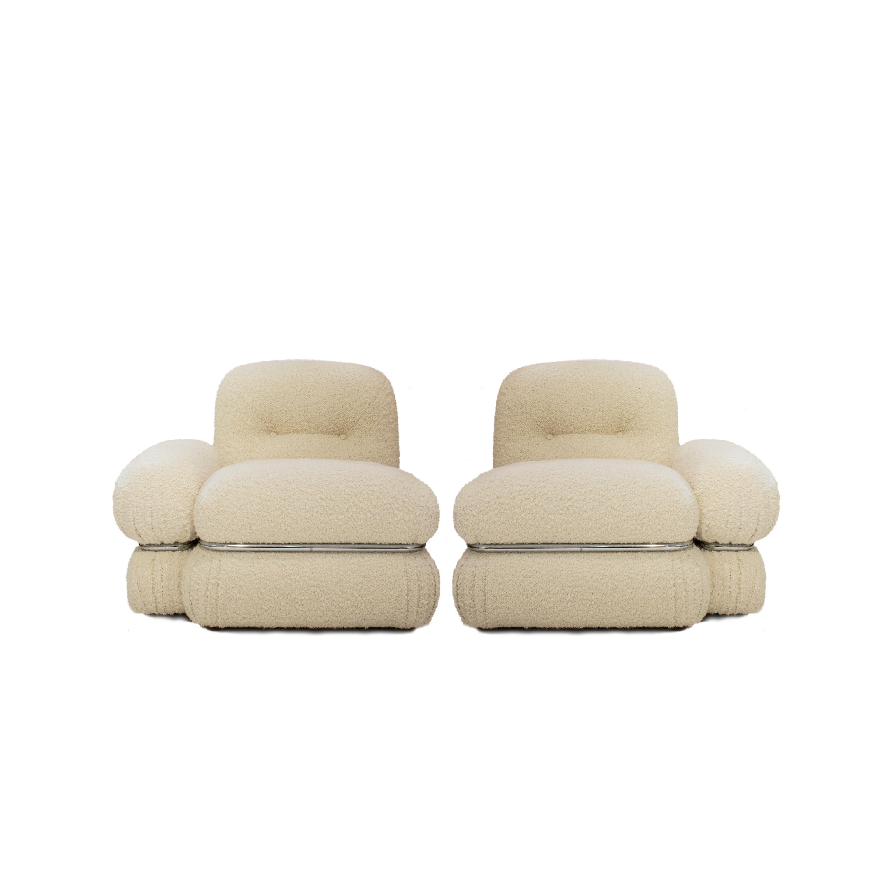 A set of armchairs designed by Italian designer and painter Adriano Piazzesi (1923 - 2009) in the 1970s. Each armchair is supported by a curved steel structure that holds wood and foam body reupholstered in beige cotton bouclé.


 