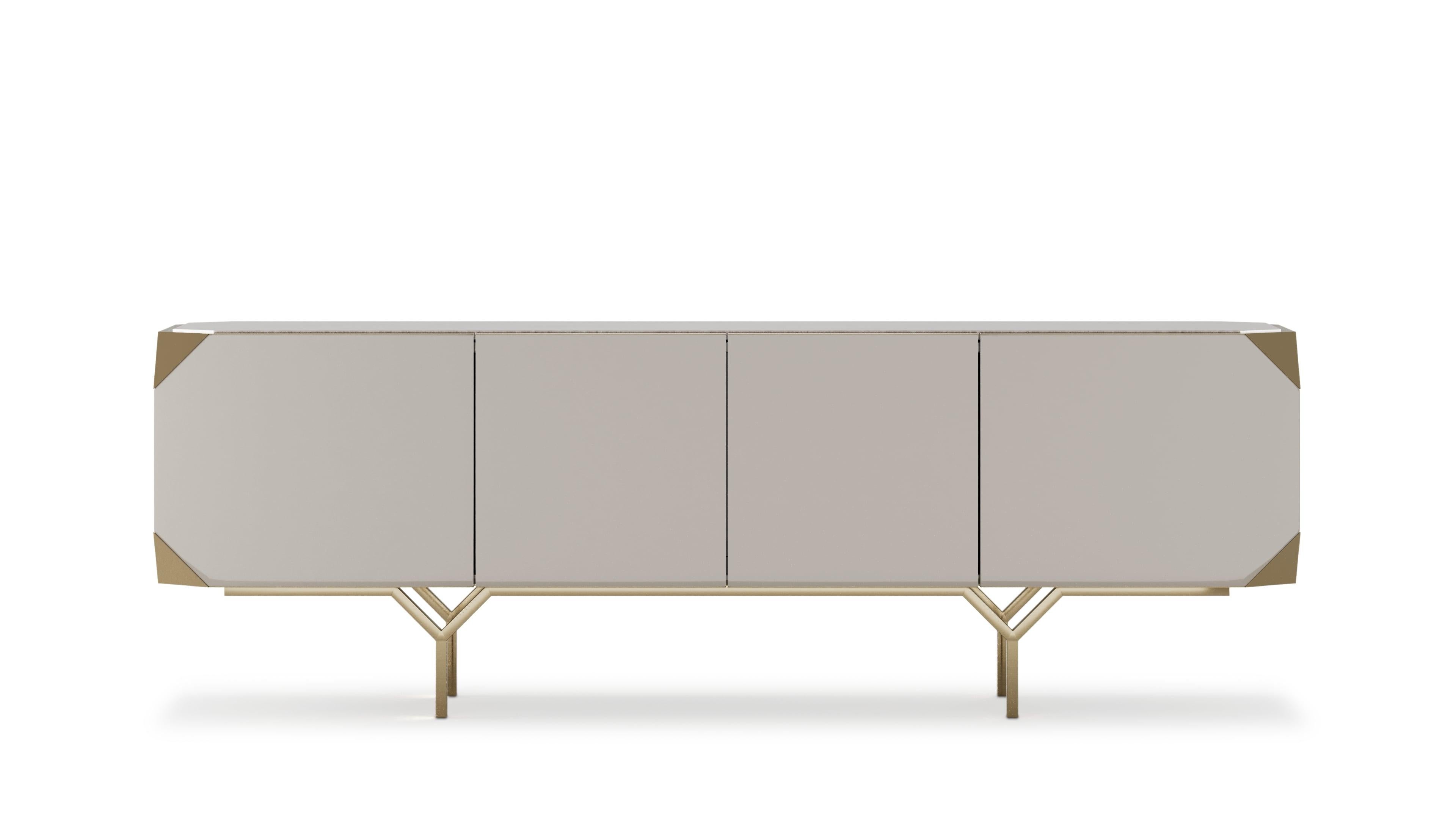 A sleek sideboard that embodies modern simplicity, featuring a luxurious marble top that adds elegance to its design. The piece is enhanced by brass corners and angled brass legs, providing a refined contrast to the smooth surfaces. This sideboard