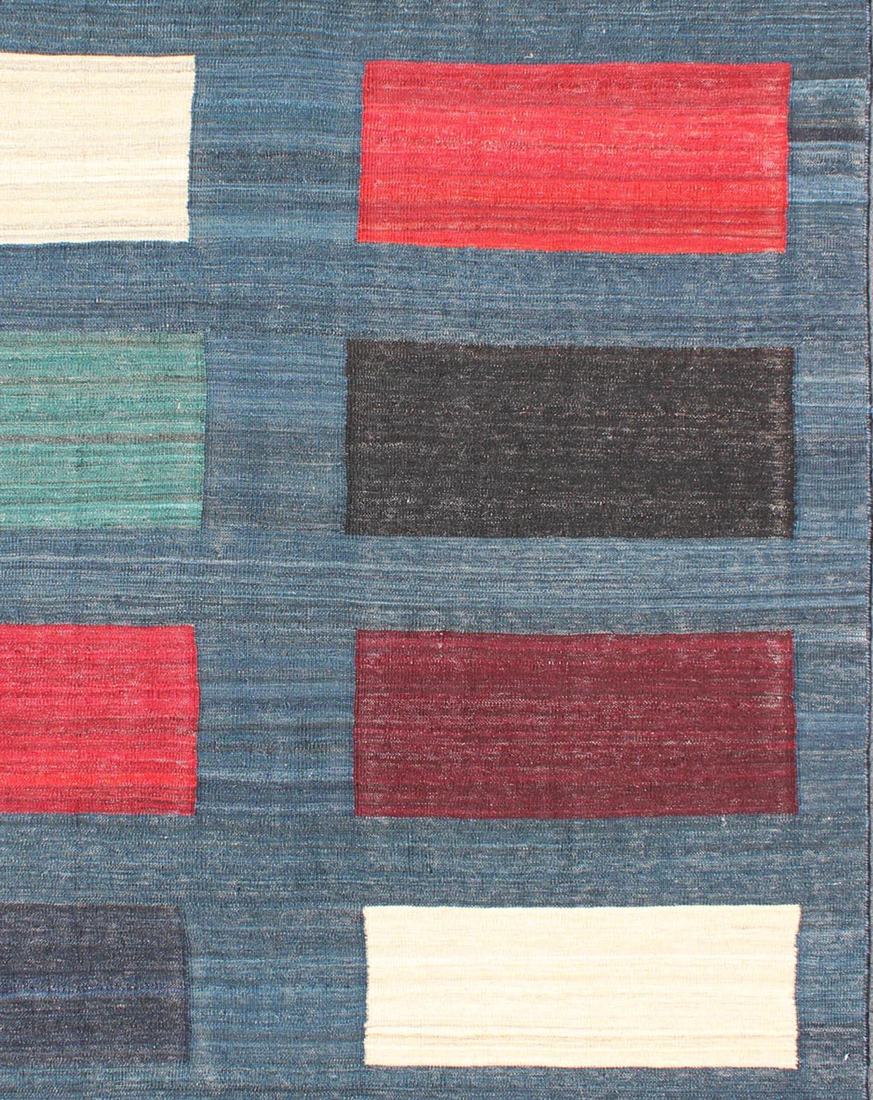 Kilim Modern Afghan Flat-Weave Rug in Steal Blue and Multicolored Blocks For Sale