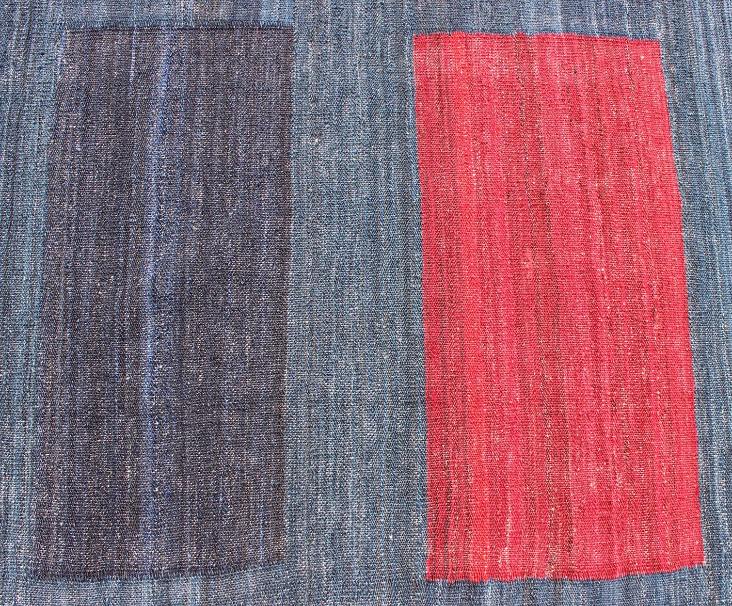 Modern Afghan Flat-Weave Rug in Steal Blue and Multicolored Blocks In Excellent Condition For Sale In Atlanta, GA