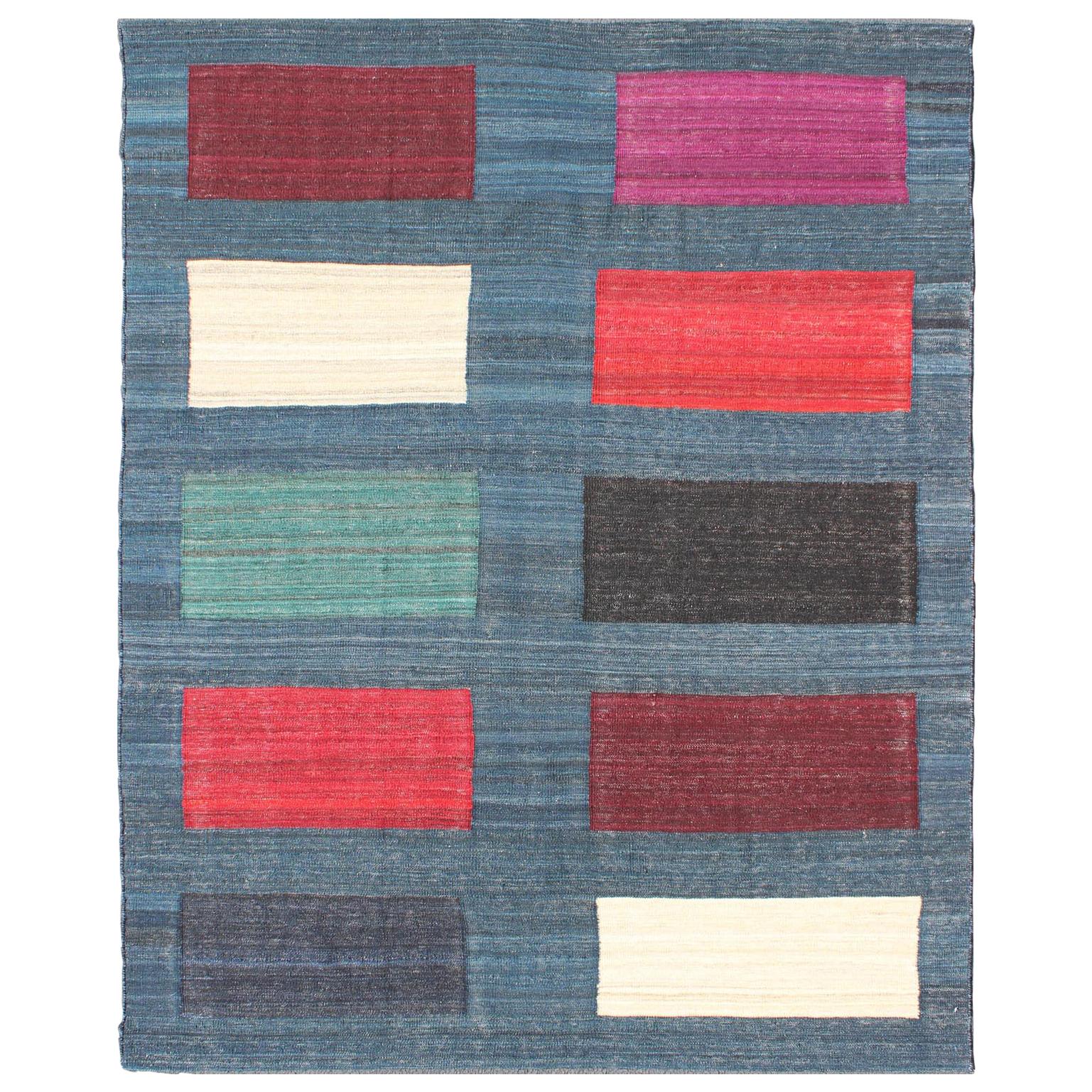 Modern Afghan Flat-Weave Rug in Steal Blue and Multicolored Blocks