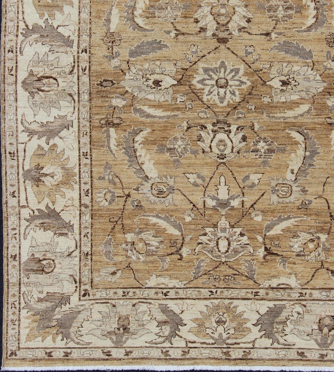 Sultanabad Modern Afghan Floral Pattern in Earth Tones with Browns and Cream For Sale