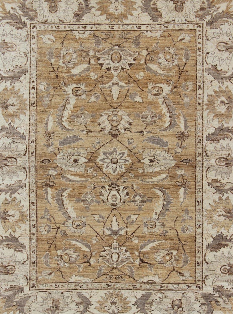 Hand-Knotted Modern Afghan Floral Pattern in Earth Tones with Browns and Cream For Sale