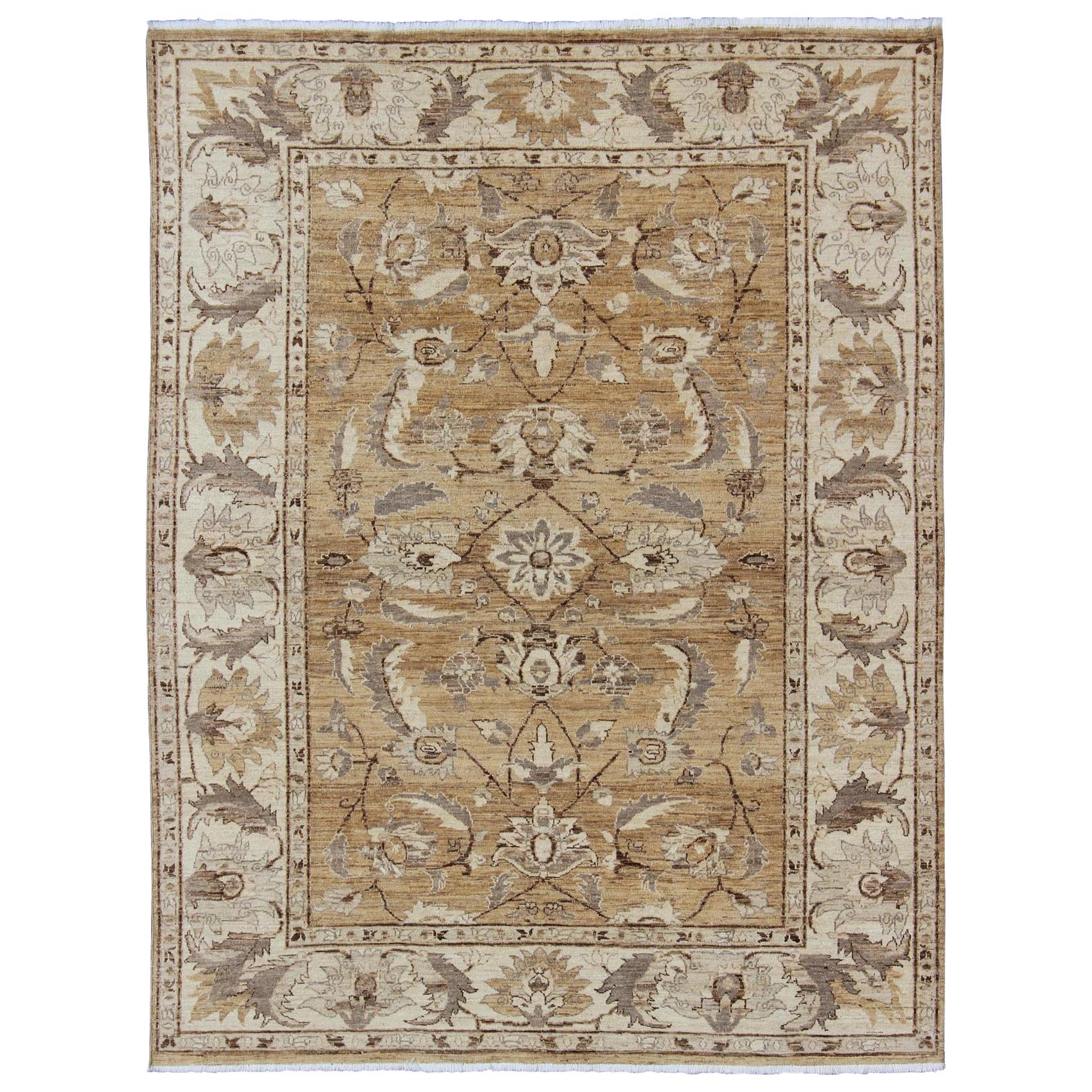 Modern Afghan Floral Pattern in Earth Tones with Browns and Cream For Sale