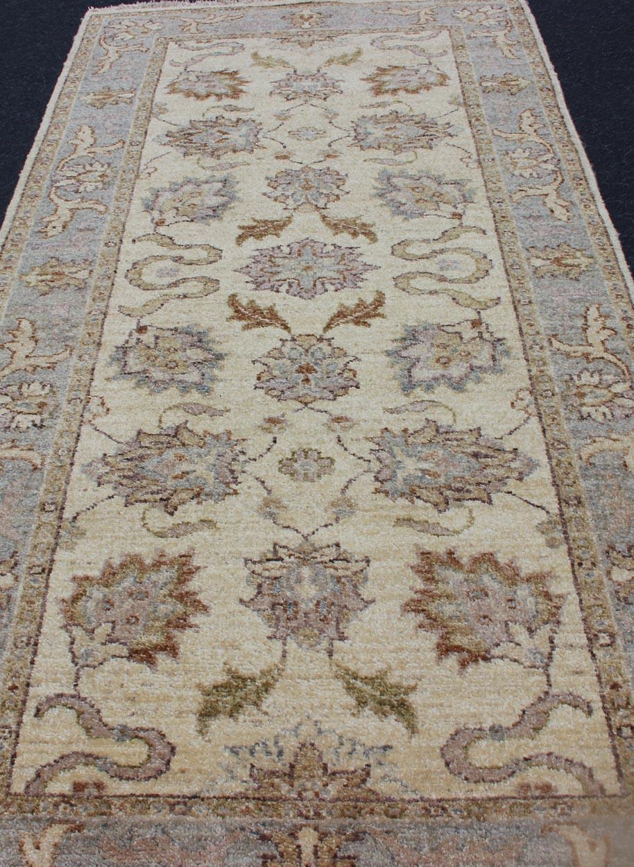 Hand-Knotted Modern Afghan Floral Pattern Short Runner in Earth Tones with Browns and Cream For Sale