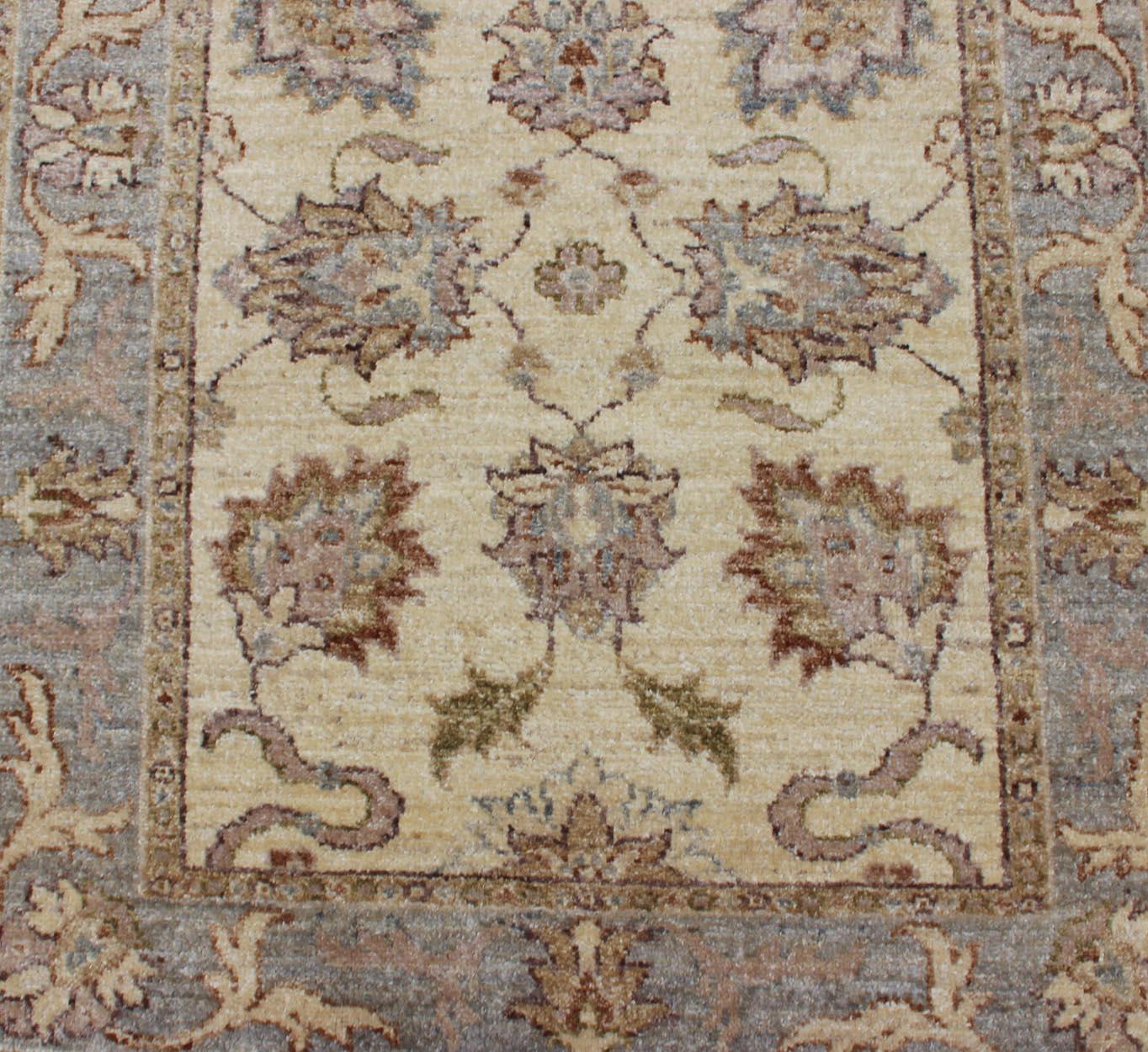 Modern Afghan Floral Pattern Short Runner in Earth Tones with Browns and Cream In Excellent Condition For Sale In Atlanta, GA