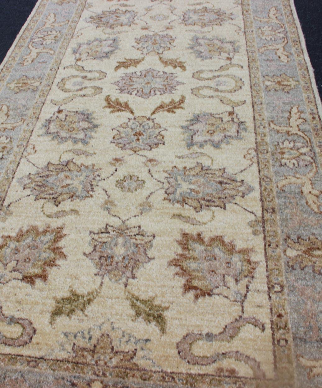 Wool Modern Afghan Floral Pattern Short Runner in Earth Tones with Browns and Cream For Sale