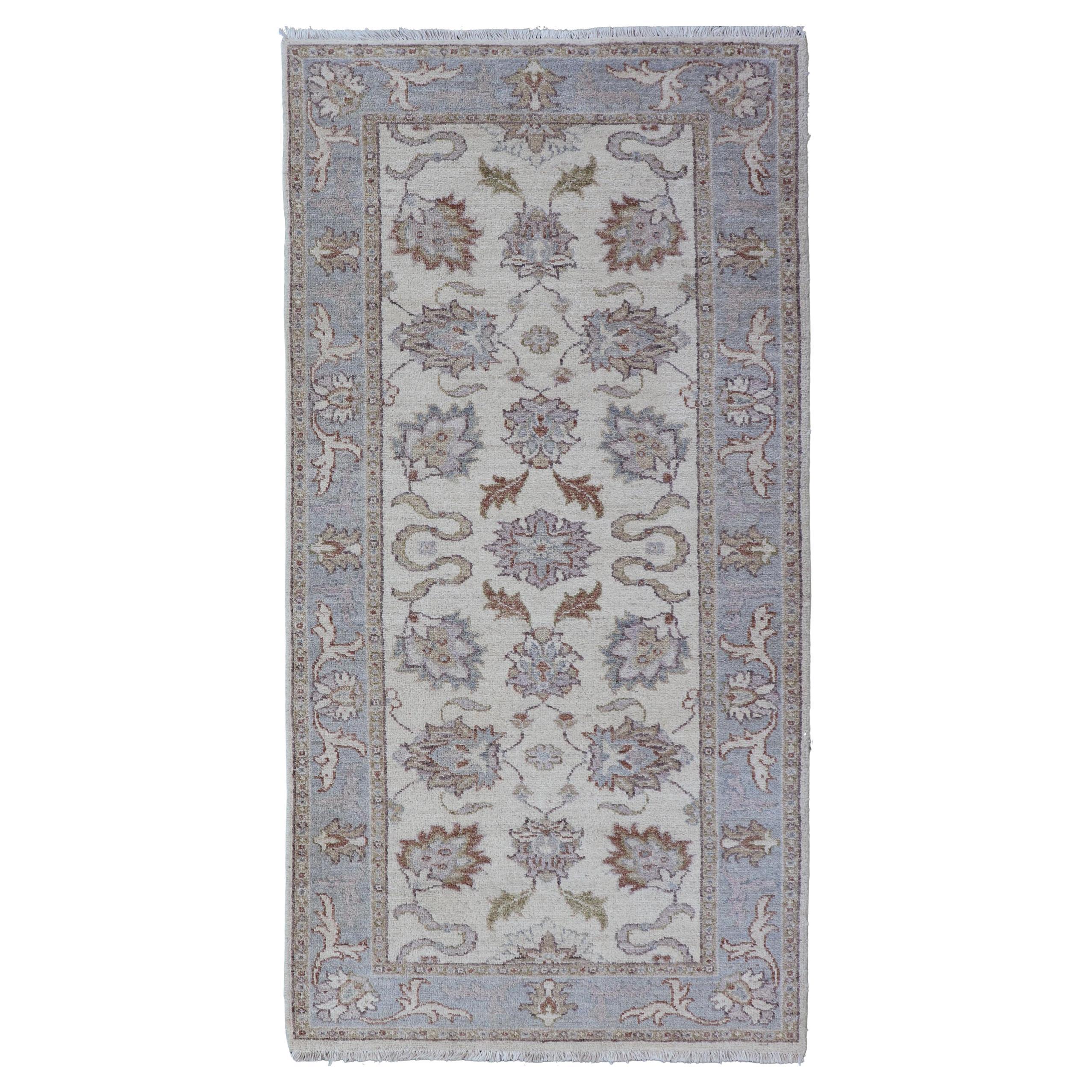 Modern Afghan Floral Pattern Short Runner in Earth Tones with Browns and Cream
