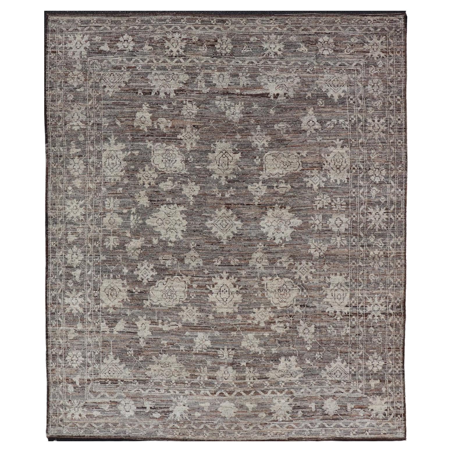 Modern Afghan Hand-Knotted Oushak Designed Rug in Wool with Floral Design For Sale