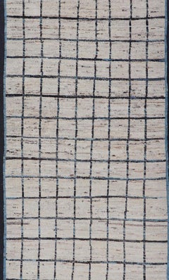 Modern Afghan Hand-Knotted Runner in Wool with All-Over Sub-Geometric Design