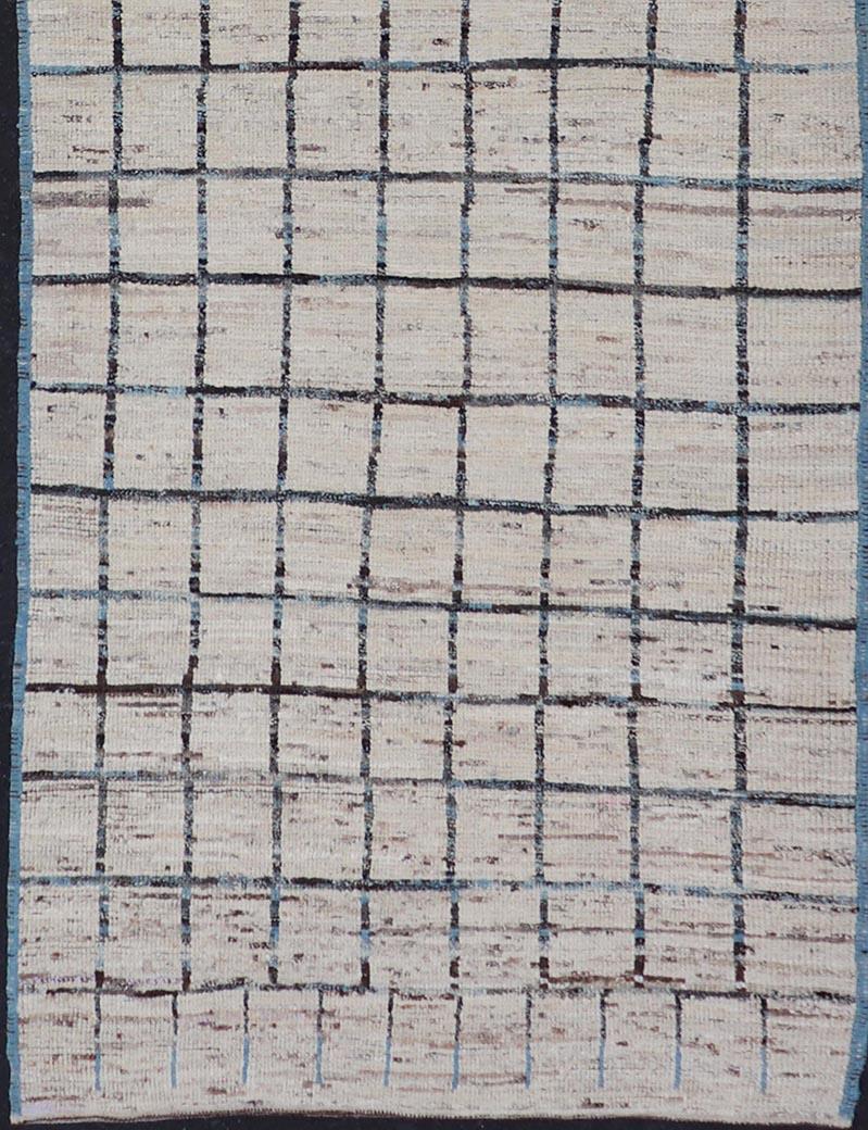 Hand-Woven Modern Afghan Hand-Knotted Runner in Wool with All-Over Sub-Geometric Design For Sale