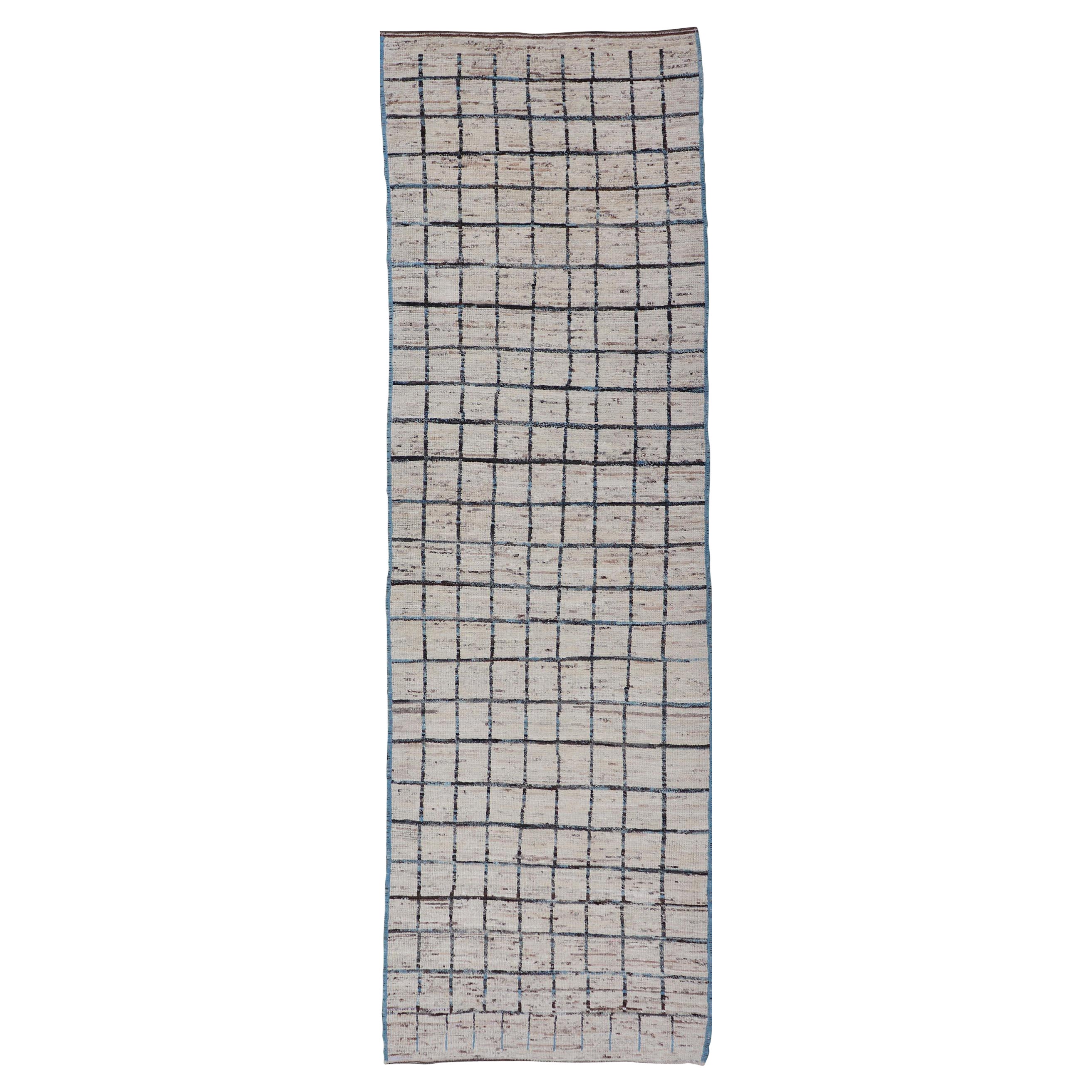 Modern Afghan Hand-Knotted Runner in Wool with All-Over Sub-Geometric Design For Sale