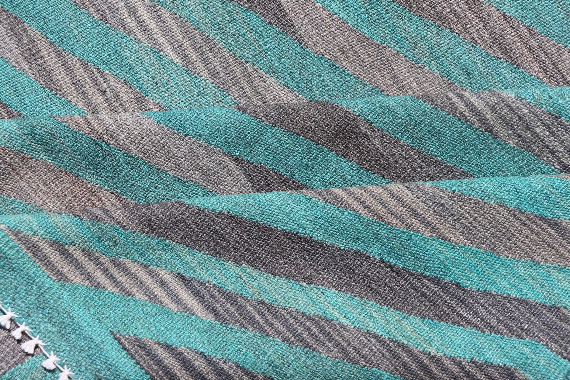 Modern Afghan Hand-Woven Kilim in Wool with Sub-Geometric Slanted Stripe Design For Sale 7
