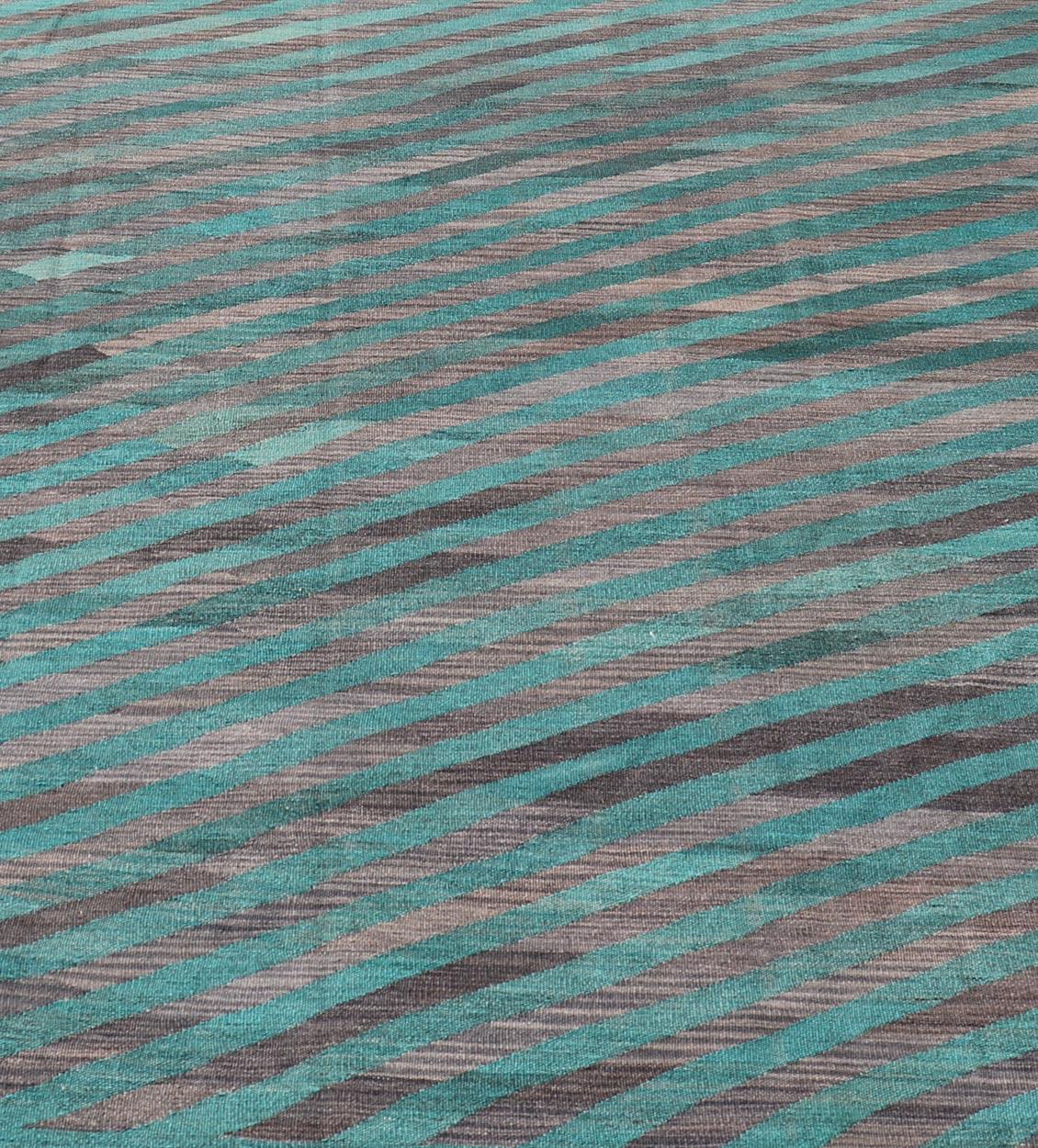 Modern Afghan Hand-Woven Kilim in Wool with Sub-Geometric Slanted Stripe Design For Sale 2