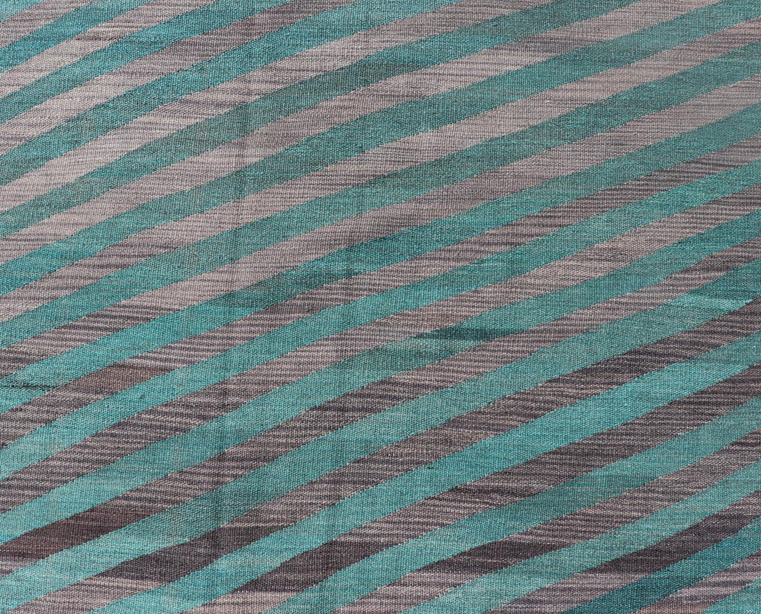 Modern Afghan Hand-Woven Kilim in Wool with Sub-Geometric Slanted Stripe Design For Sale 5