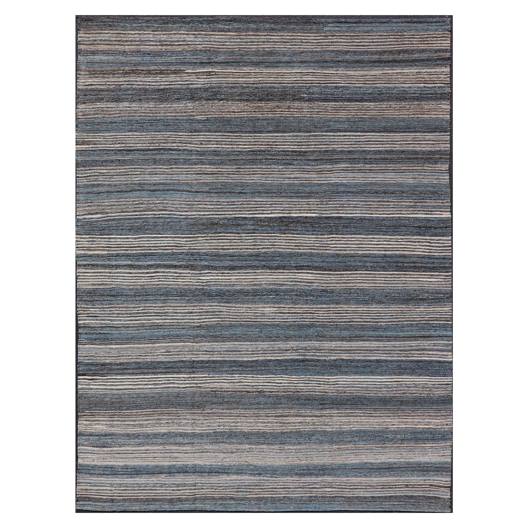 Moderner afghanischer Kilim-Teppich in tiefblauem und grauem Horizontalstreifen-Design9'0 x 12'2 im Angebot