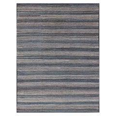 Tappeto Kilim afghano moderno con disegno a strisce orizzontali blu e grigio9'0 x 12'2