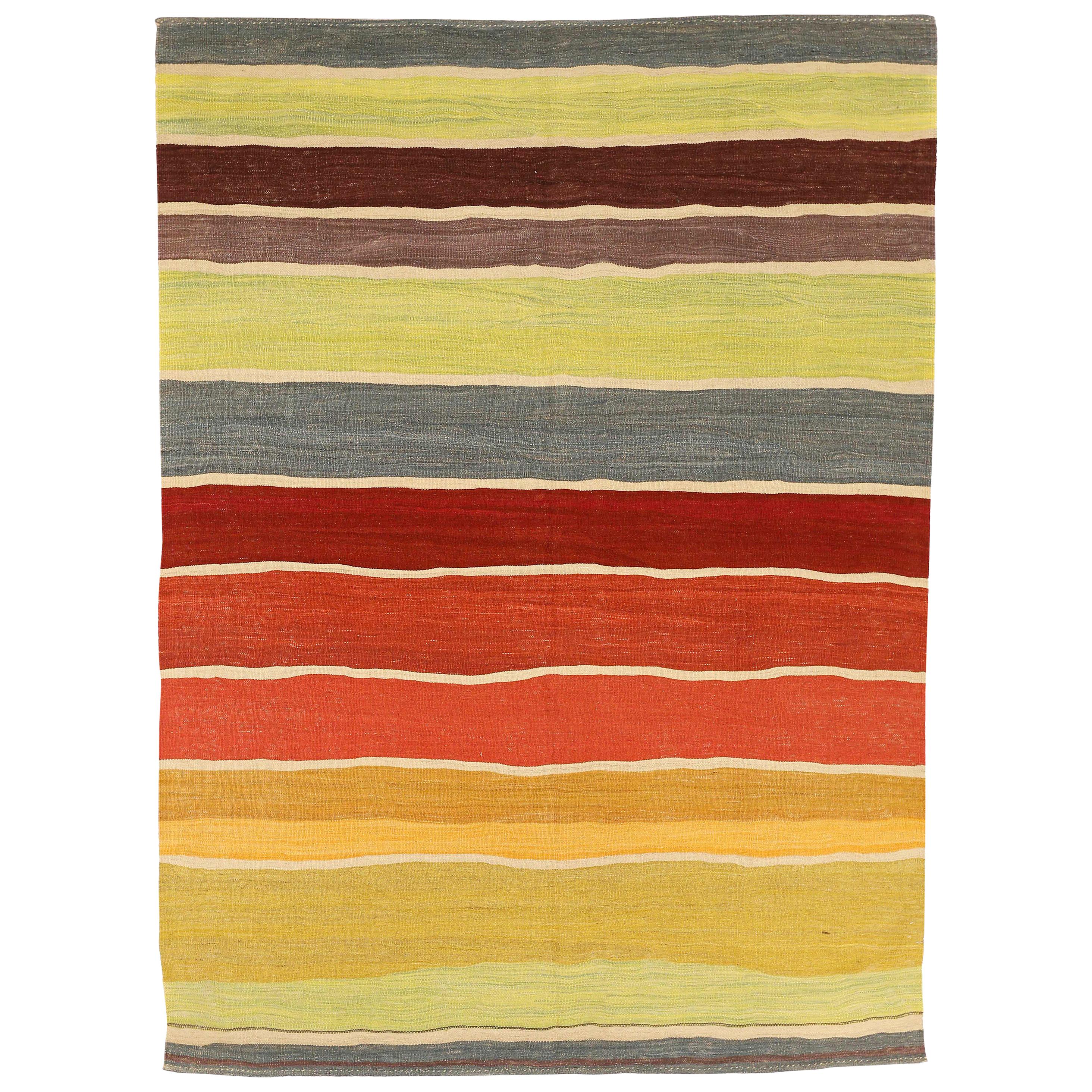 Modern Afghan Kilim Style Rug with Colored Stripes on Beige Field