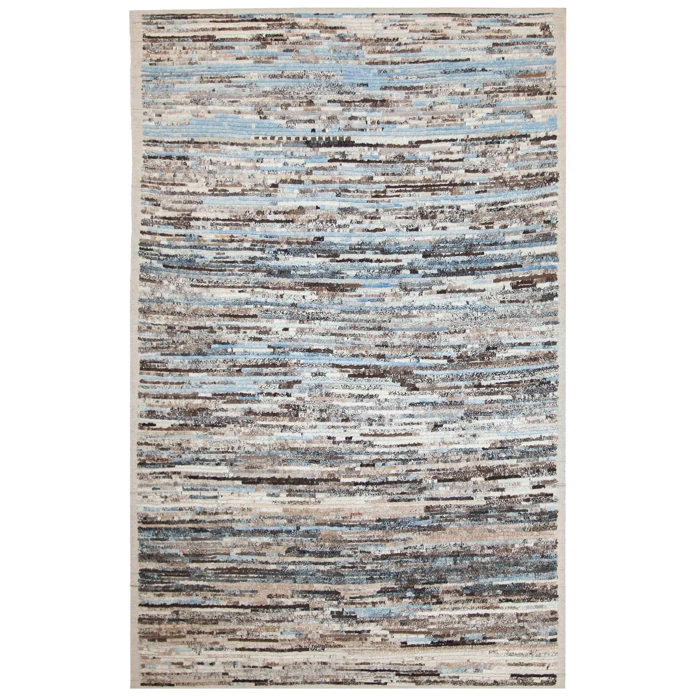 Modern Afghan Moroccan Style Rug with Sky Blue and Brown Streaks on
