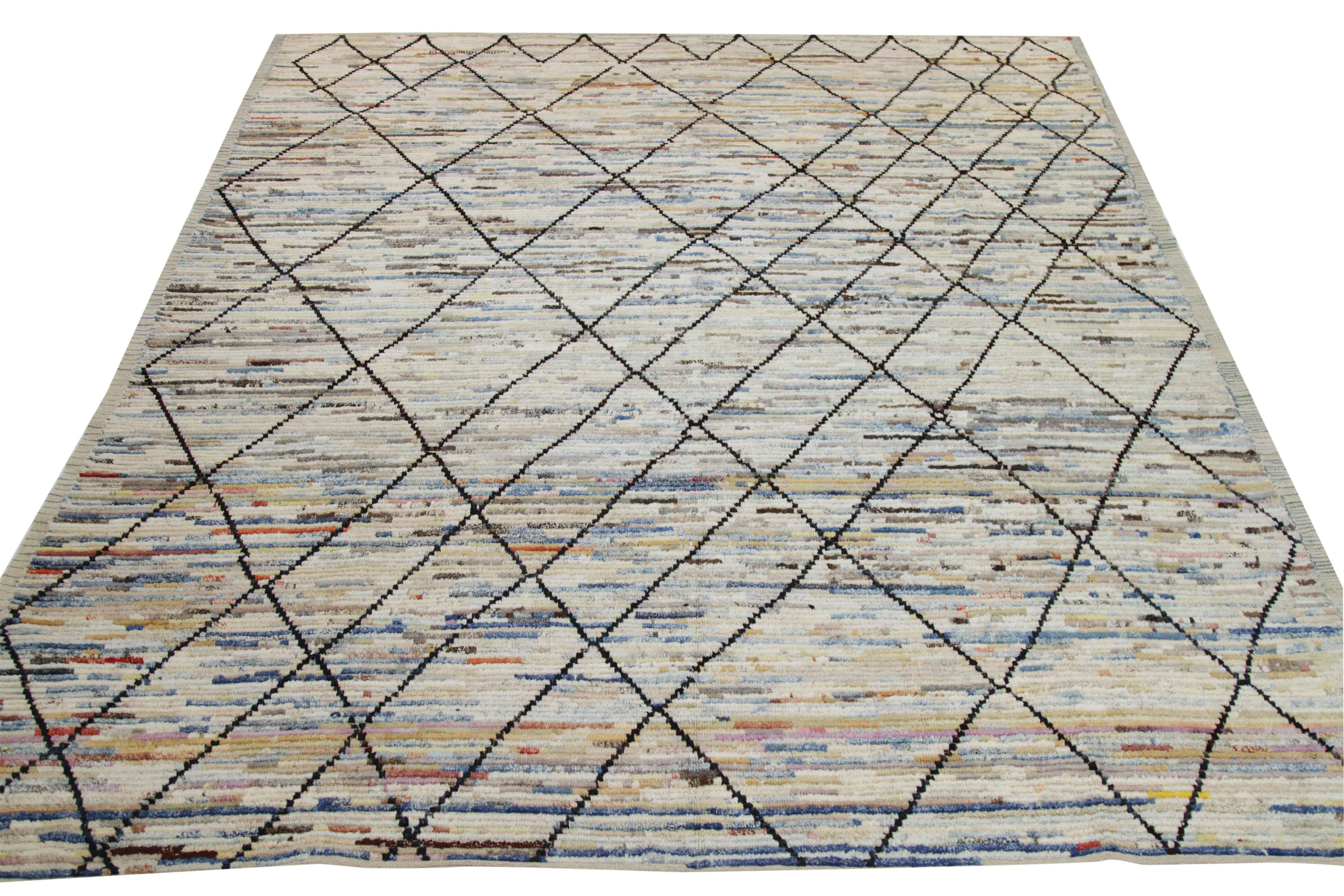 Modern Afghan rug handwoven from the finest sheep’s wool. It’s colored with all-natural vegetable dyes that are safe for humans and pets. This piece is a traditional Afghan weaving featuring a Moroccan inspired design. It’s highlighted by black