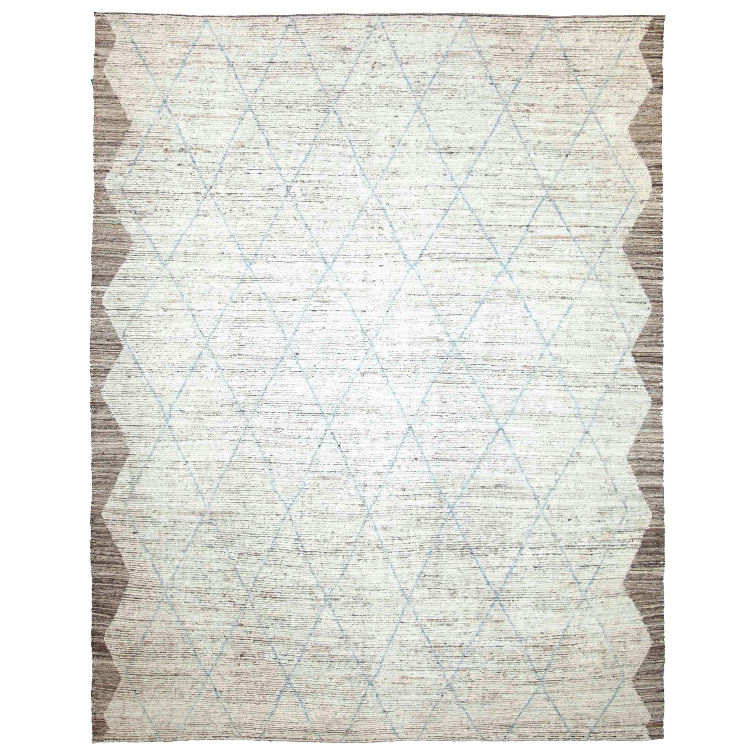 Modern Afghan Moroccan Style Rug with Blue Diamonds and Brown Border For Sale