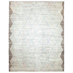 Modern Afghan Moroccan Style Rug with Blue Diamonds and Brown Border