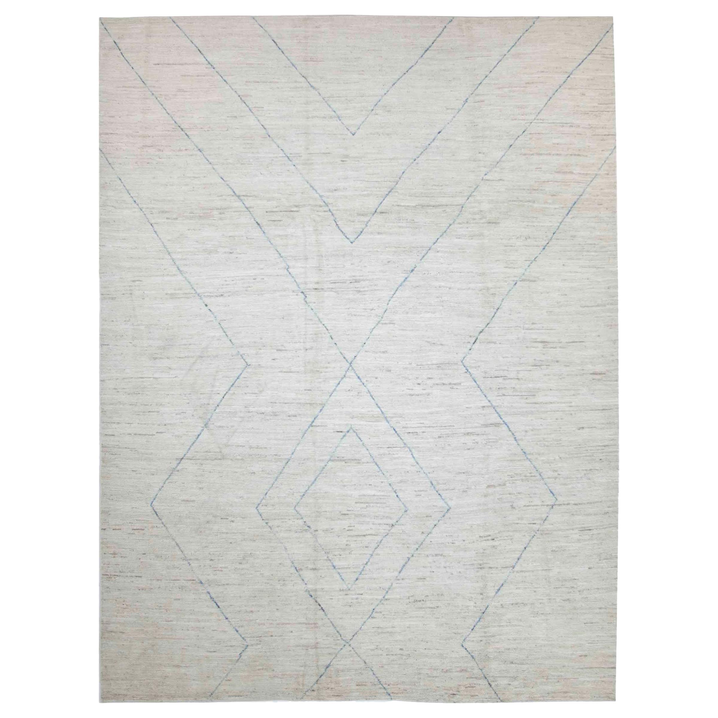 Modern Afghan Moroccan Style Rug with Blue Geometric Details on Ivory Field