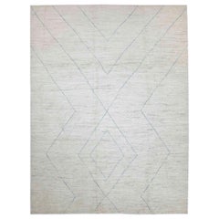 Modern Afghan Moroccan Style Rug with Blue Geometric Details on Ivory Field