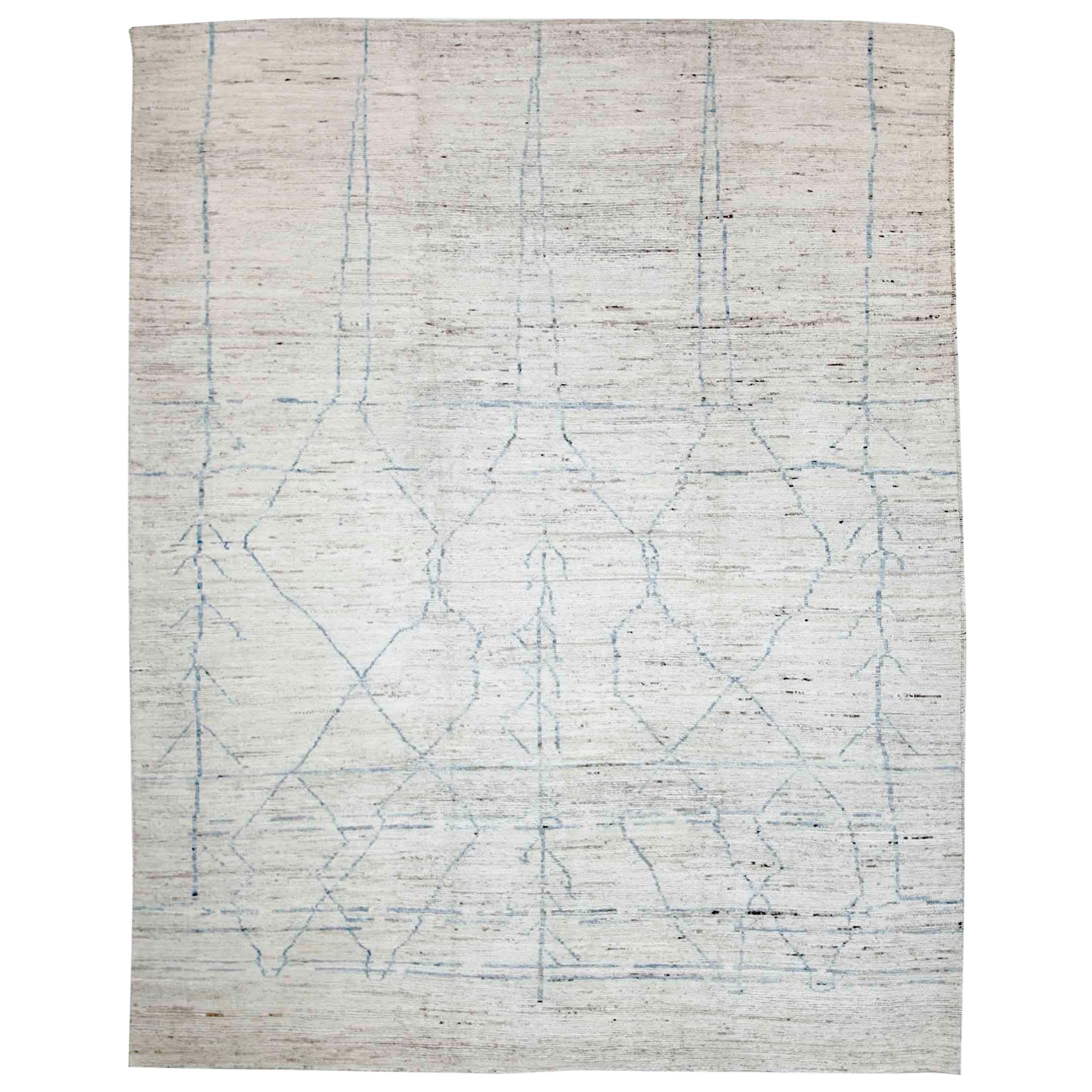 Modern Afghan Moroccan Style Rug with Blue ‘Roots’ Lines on Ivory Field