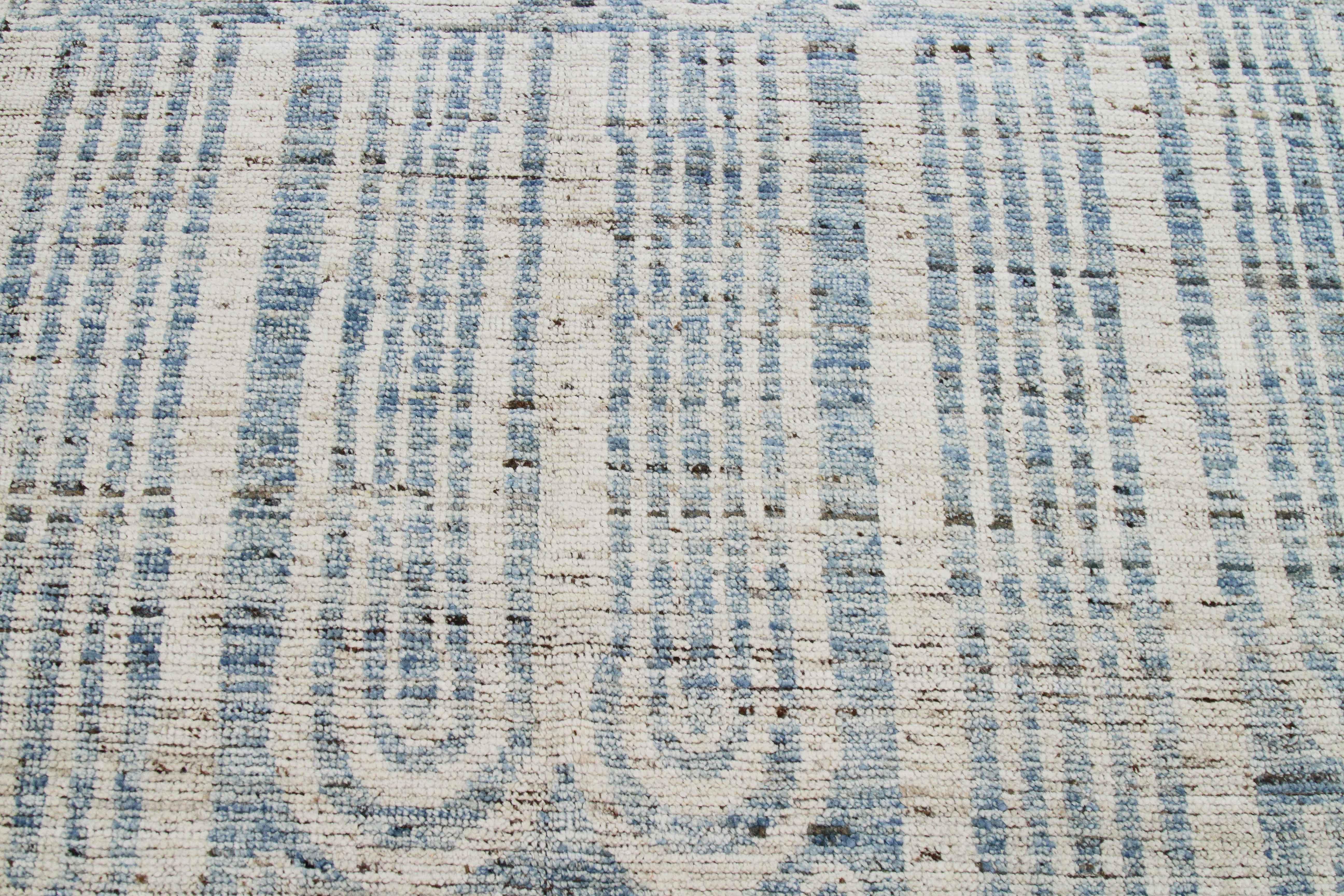 Hand-Woven Modern Afghan Moroccan Style Rug with Blue Tribal Details on Ivory Field For Sale