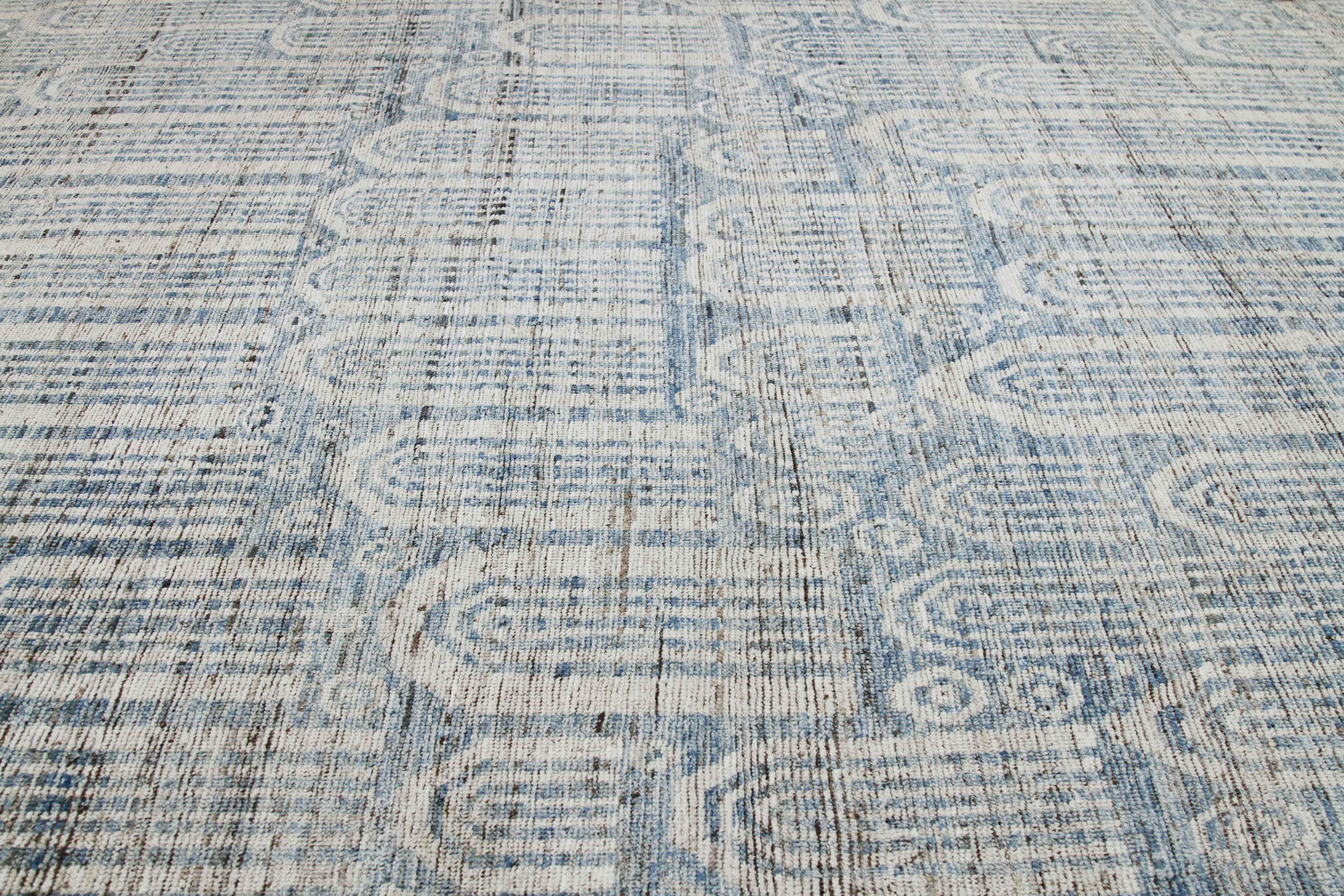 Modern Afghan Moroccan Style Rug with Blue Tribal Details on Ivory Field In New Condition For Sale In Dallas, TX