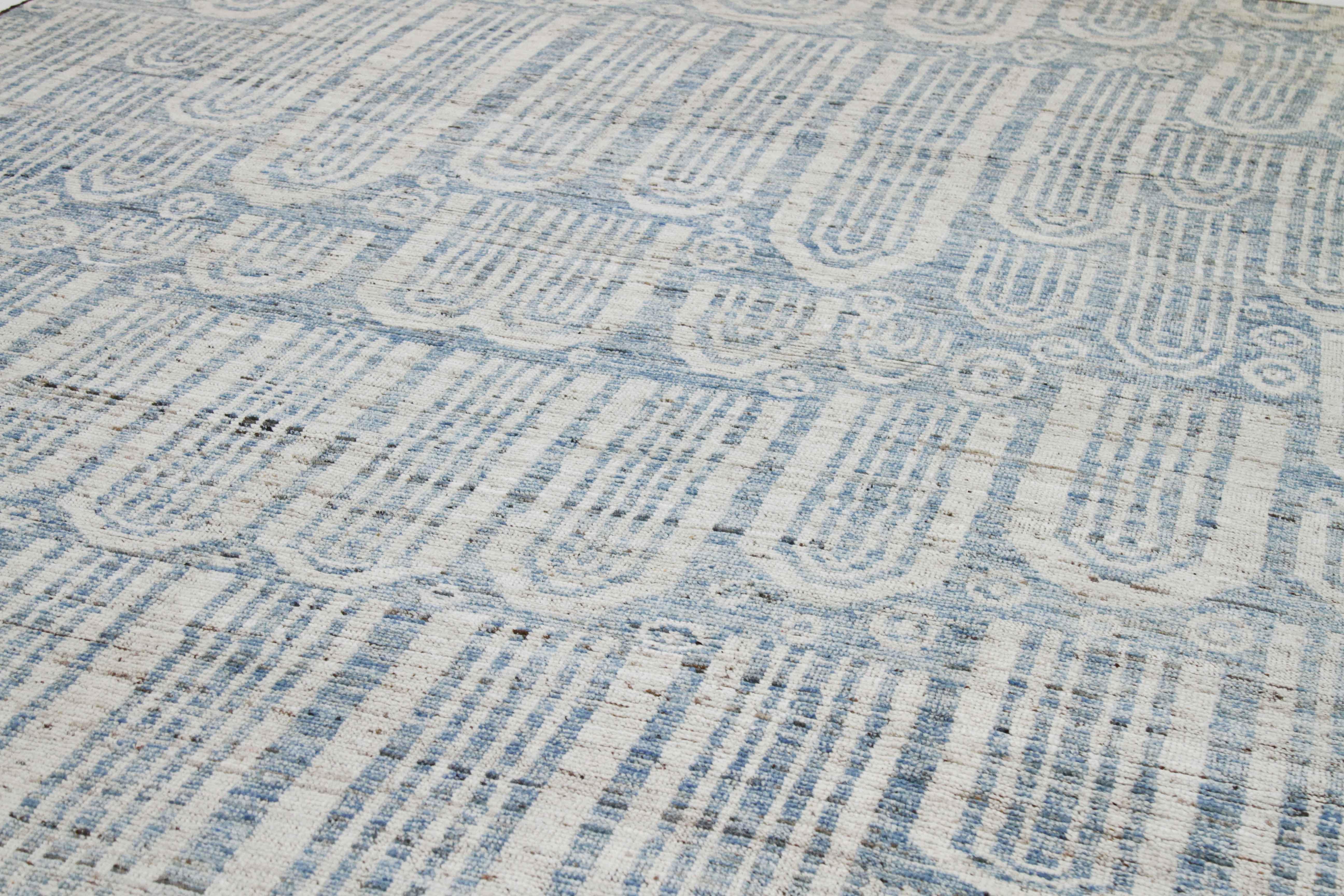 Contemporary Modern Afghan Moroccan Style Rug with Blue Tribal Details on Ivory Field For Sale