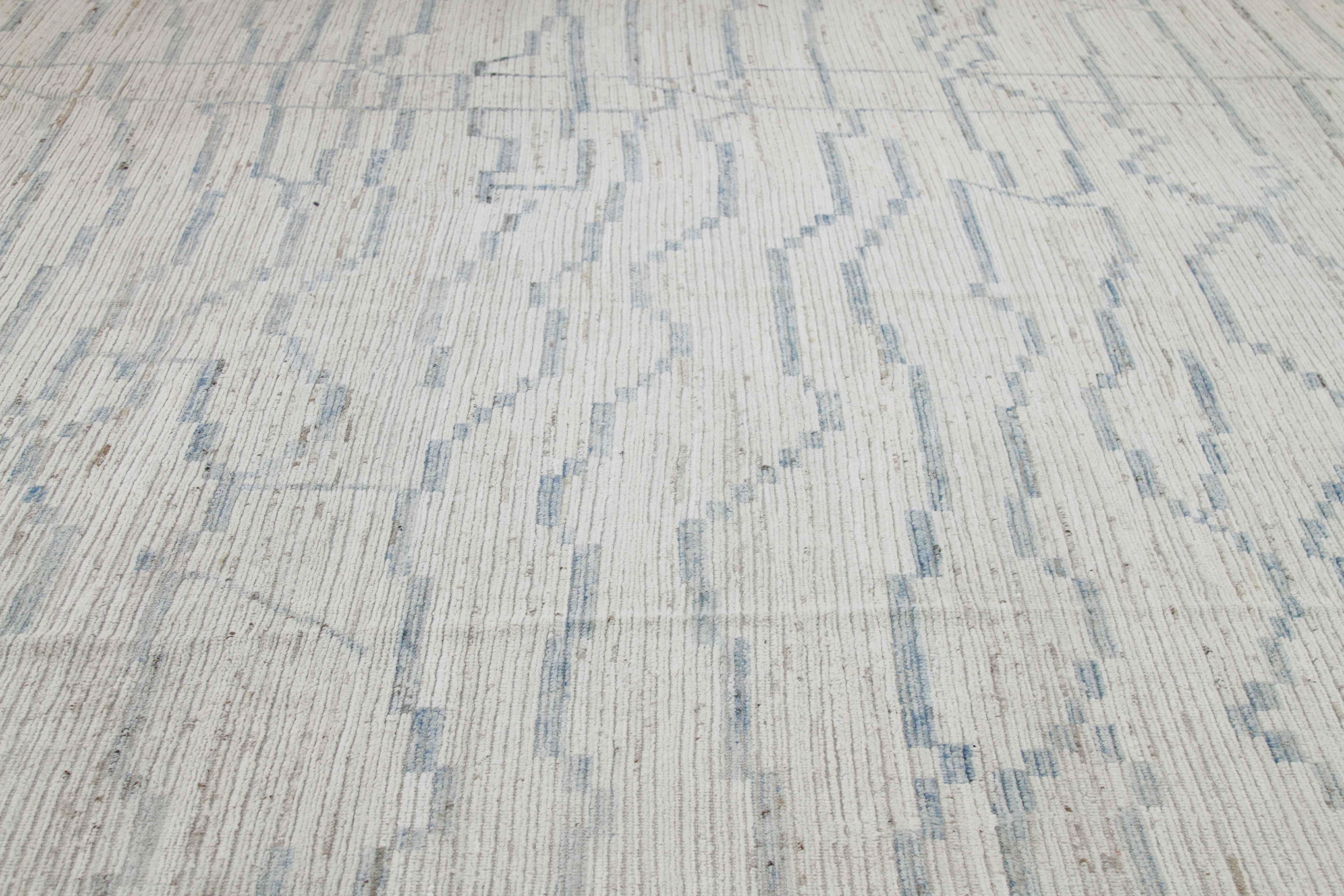 Contemporary Modern Afghan Moroccan Style Rug with Blue Tribal Details on Ivory Field For Sale