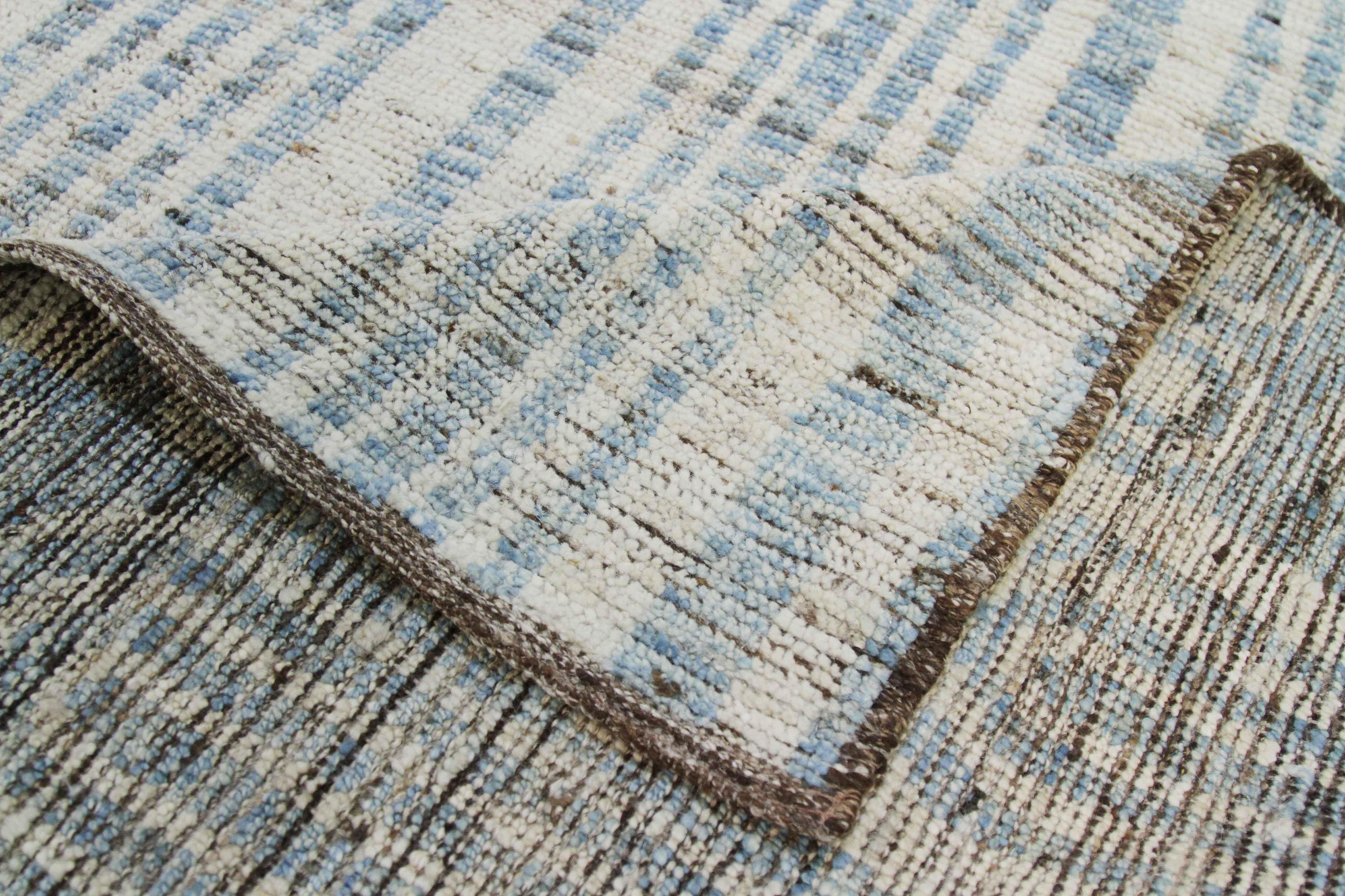 Wool Modern Afghan Moroccan Style Rug with Blue Tribal Details on Ivory Field For Sale