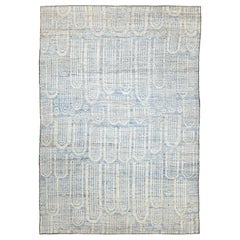 Modern Afghan Moroccan Style Rug with Blue Tribal Details on Ivory Field