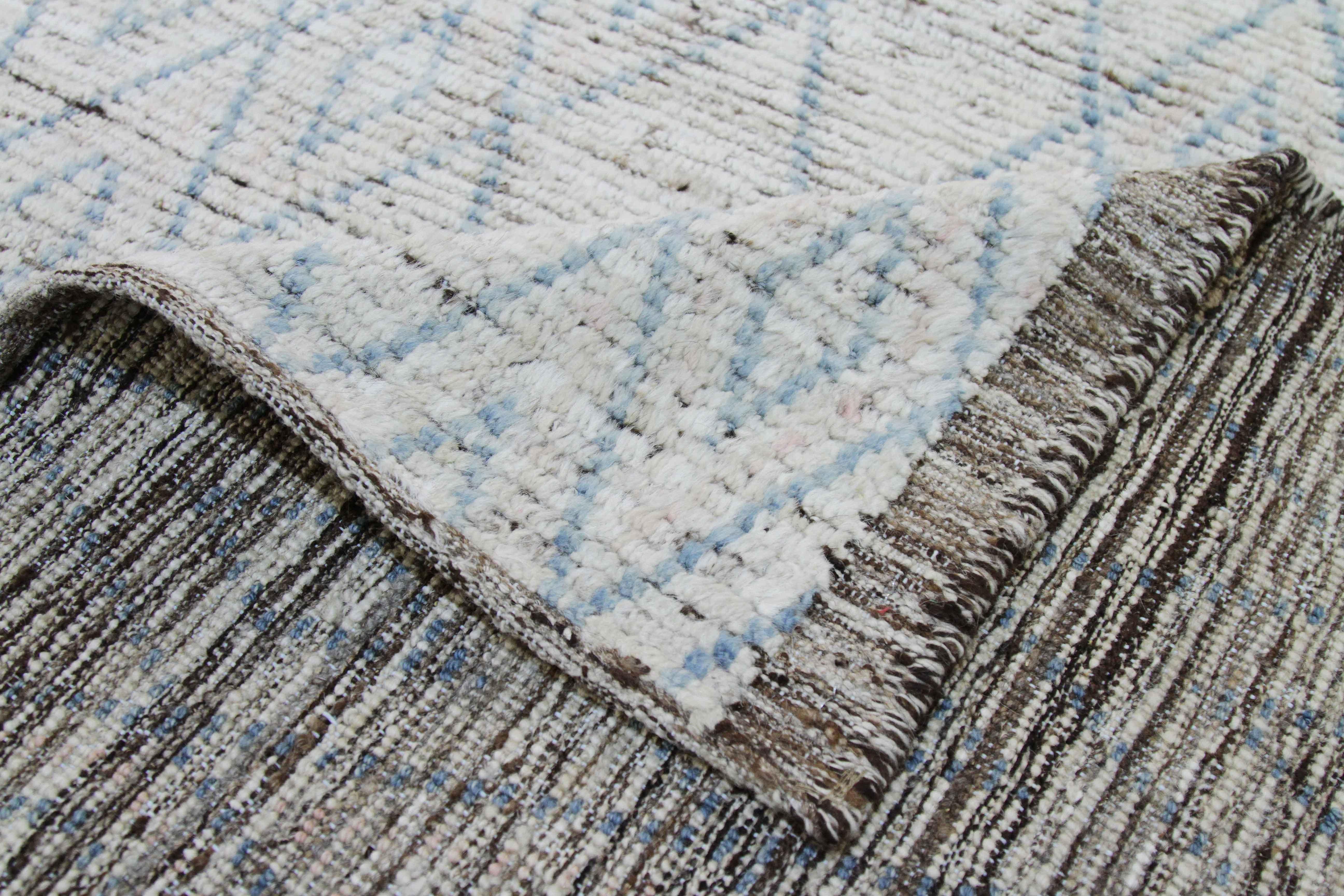 Wool Modern Afghan Moroccan Style Rug with Blue Tribal Diamond Details For Sale