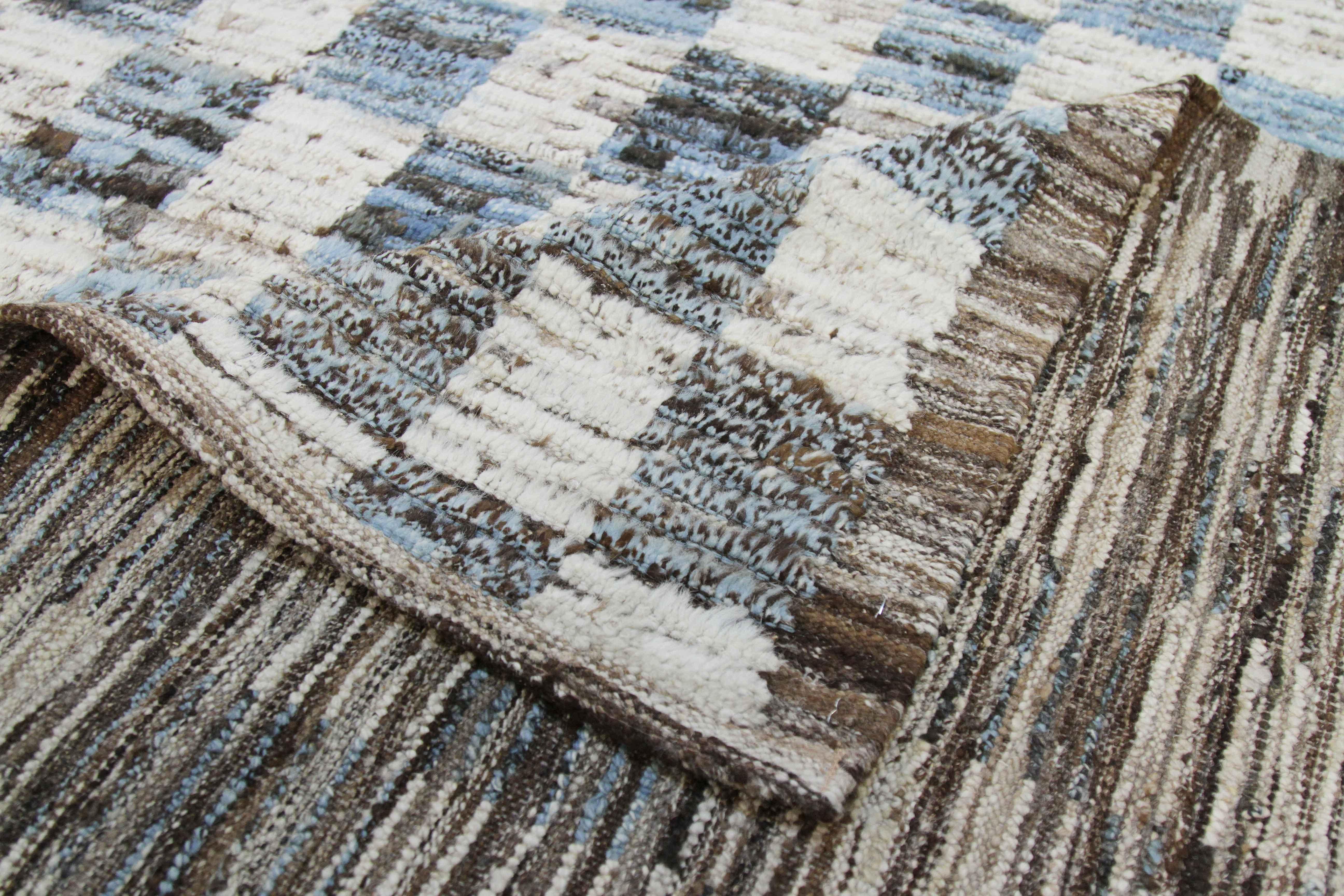 Modern Afghan Moroccan Style Rug with Brown and Blue Checkered Pattern In New Condition For Sale In Dallas, TX