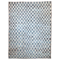 Modern Afghan Moroccan Style Rug with Brown and Blue Checkered Pattern