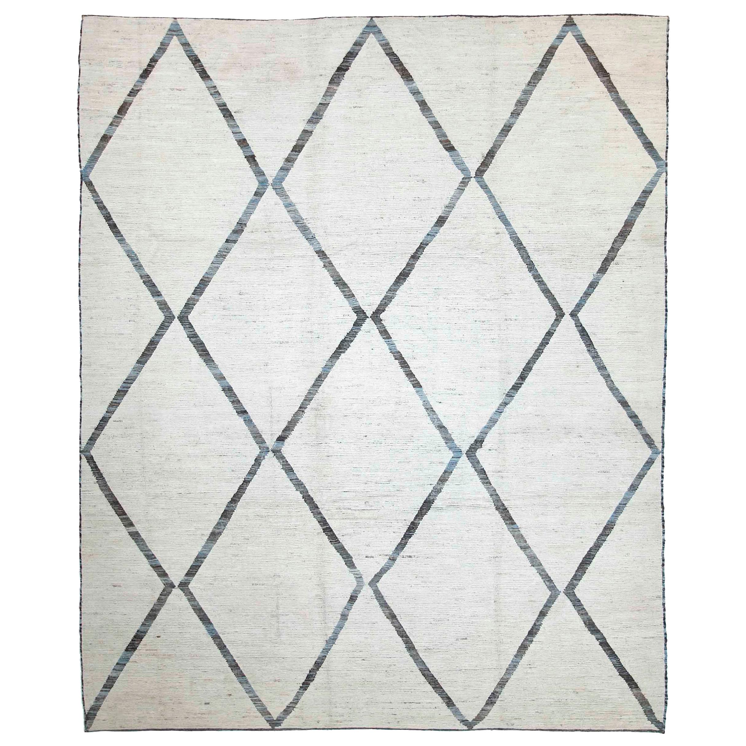 Modern Afghan Moroccan Style Rug with Brown and Blue Tribal Diamonds