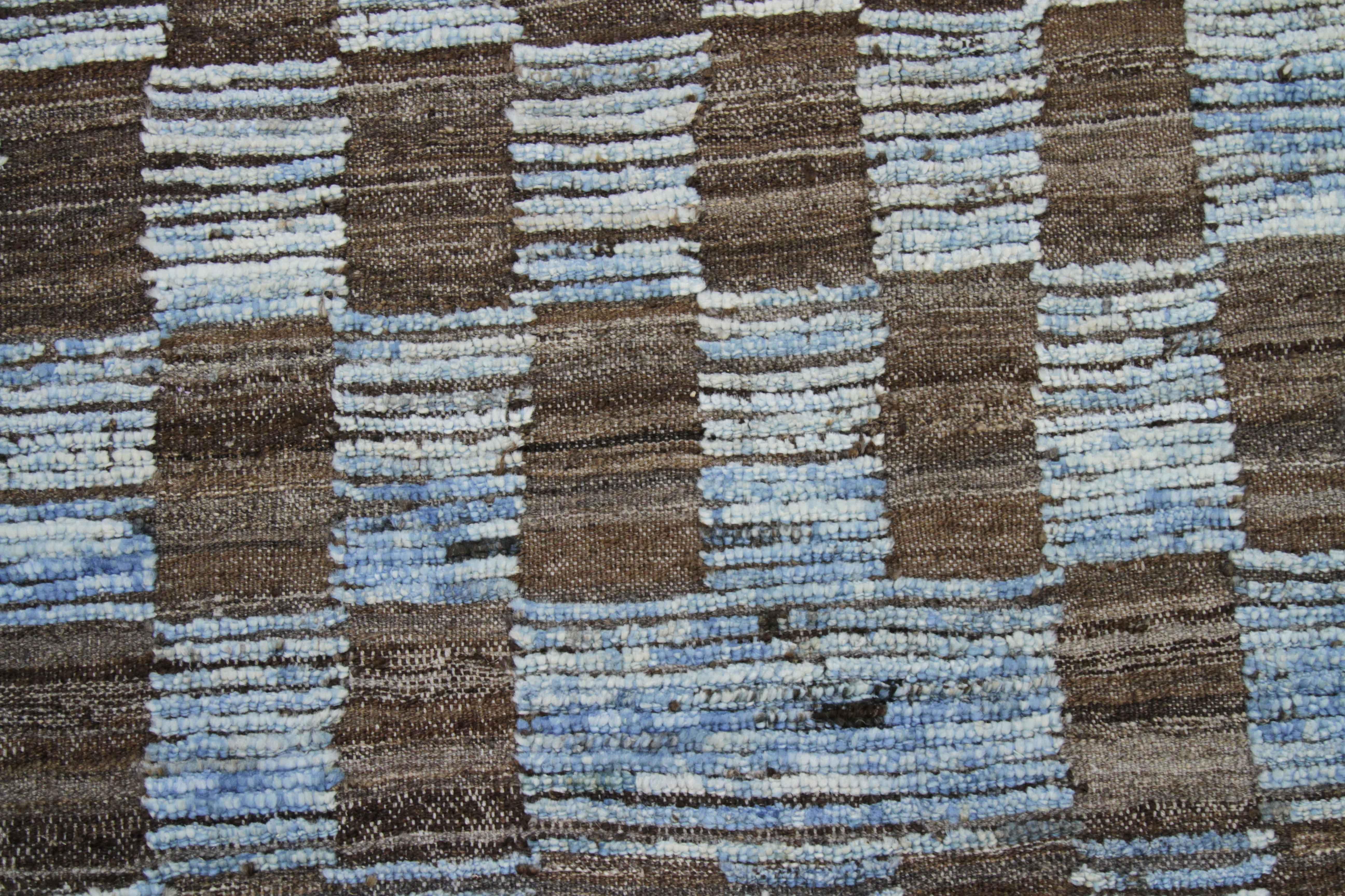 Tribal Modern Afghan Moroccan Style Rug with Brown Tile Details on Blue Field For Sale