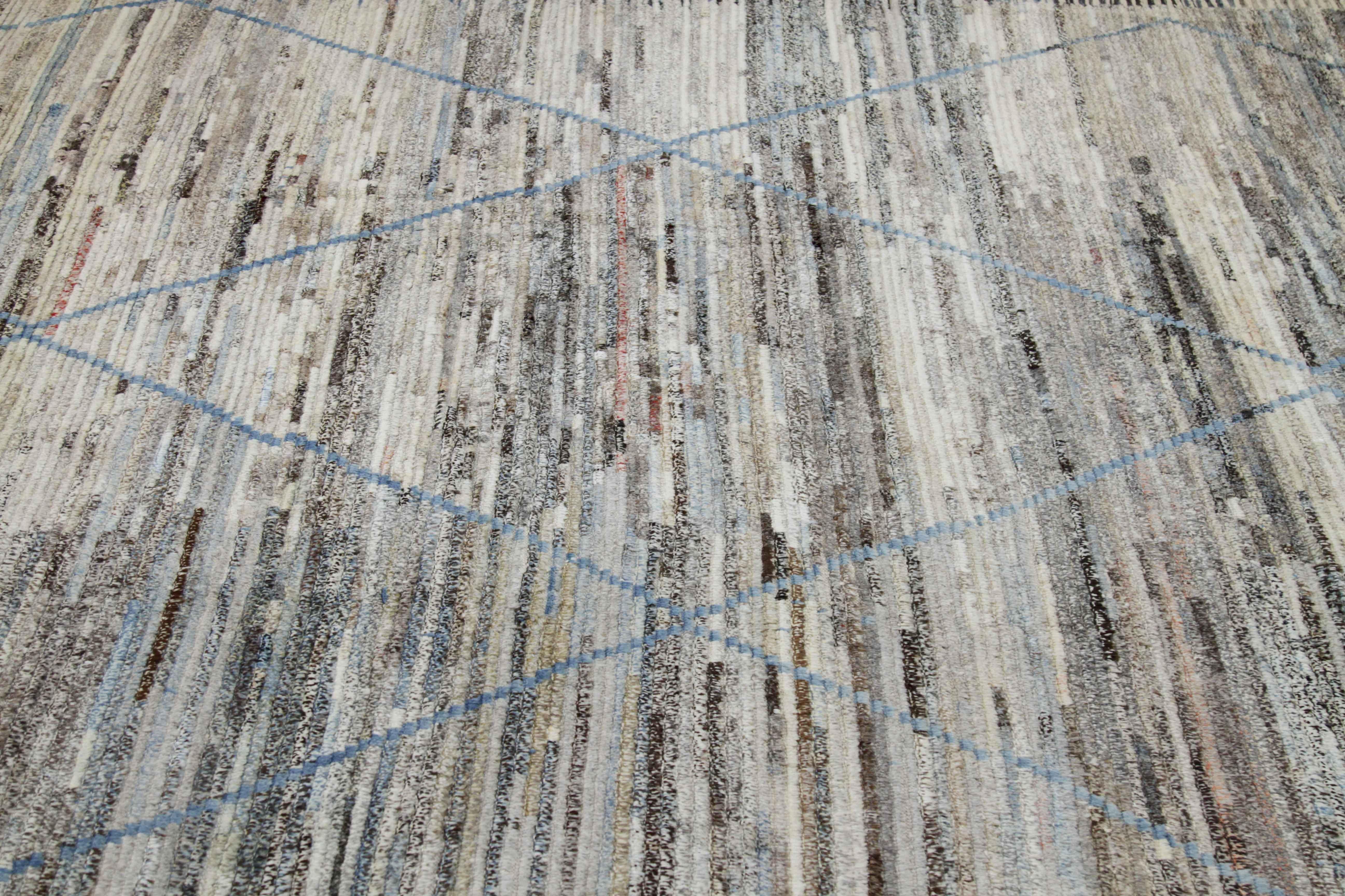 Tissé à la main Tapis moderne afghan de style marocain avec détails de tuiles Brown sur fond bleu en vente