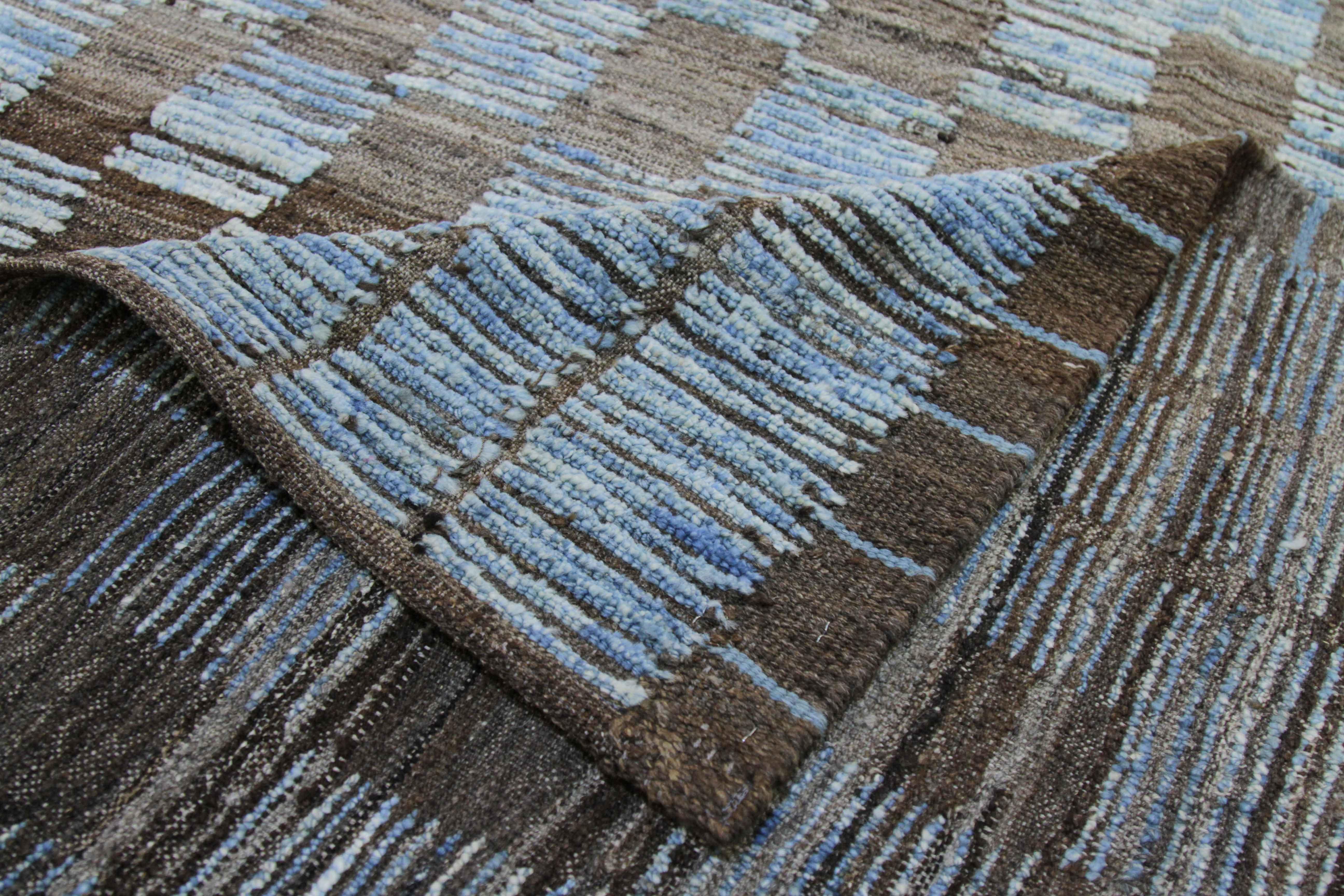 Contemporary Modern Afghan Moroccan Style Rug with Brown Tile Details on Blue Field For Sale