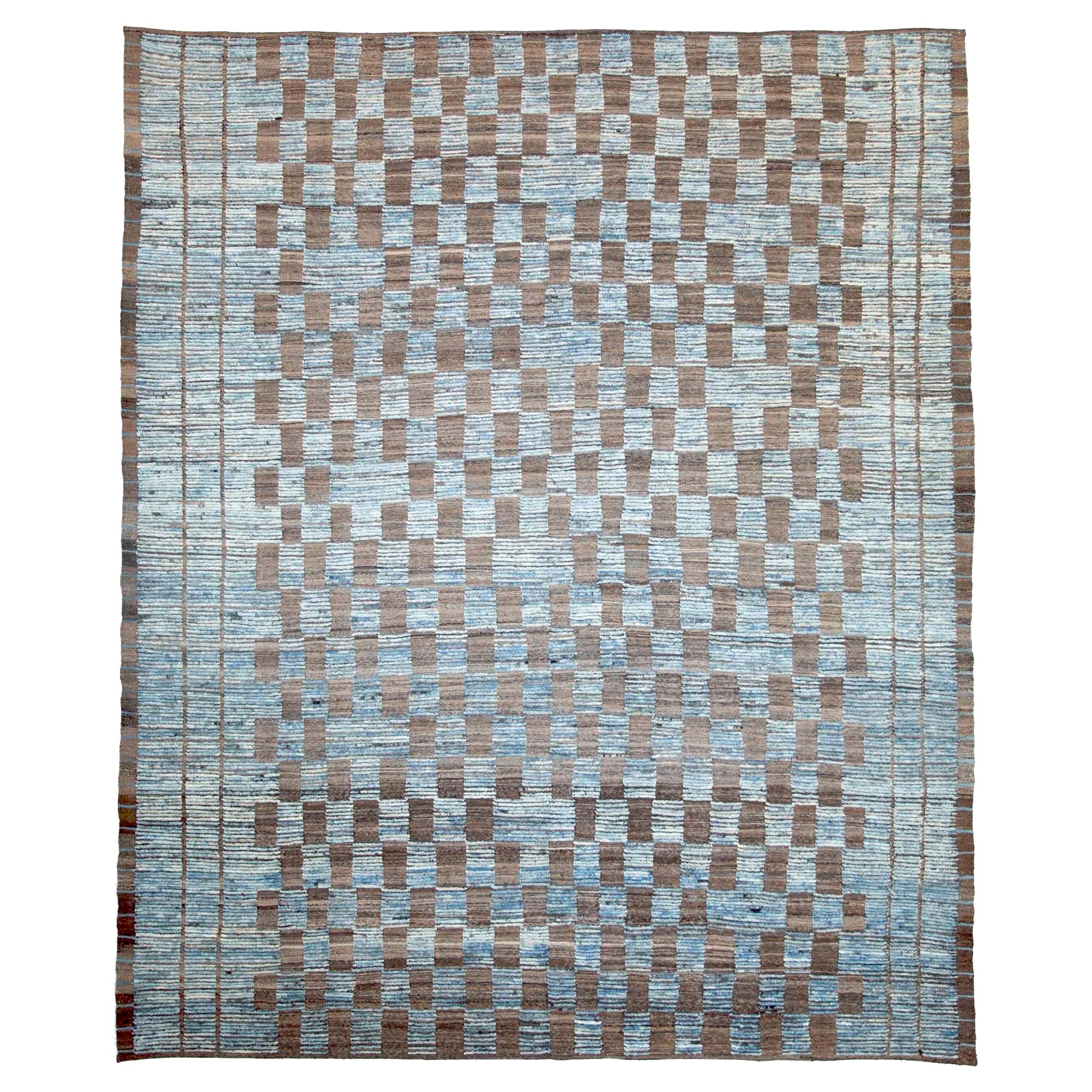 Modern Afghan Moroccan Style Rug with Brown Tile Details on Blue Field