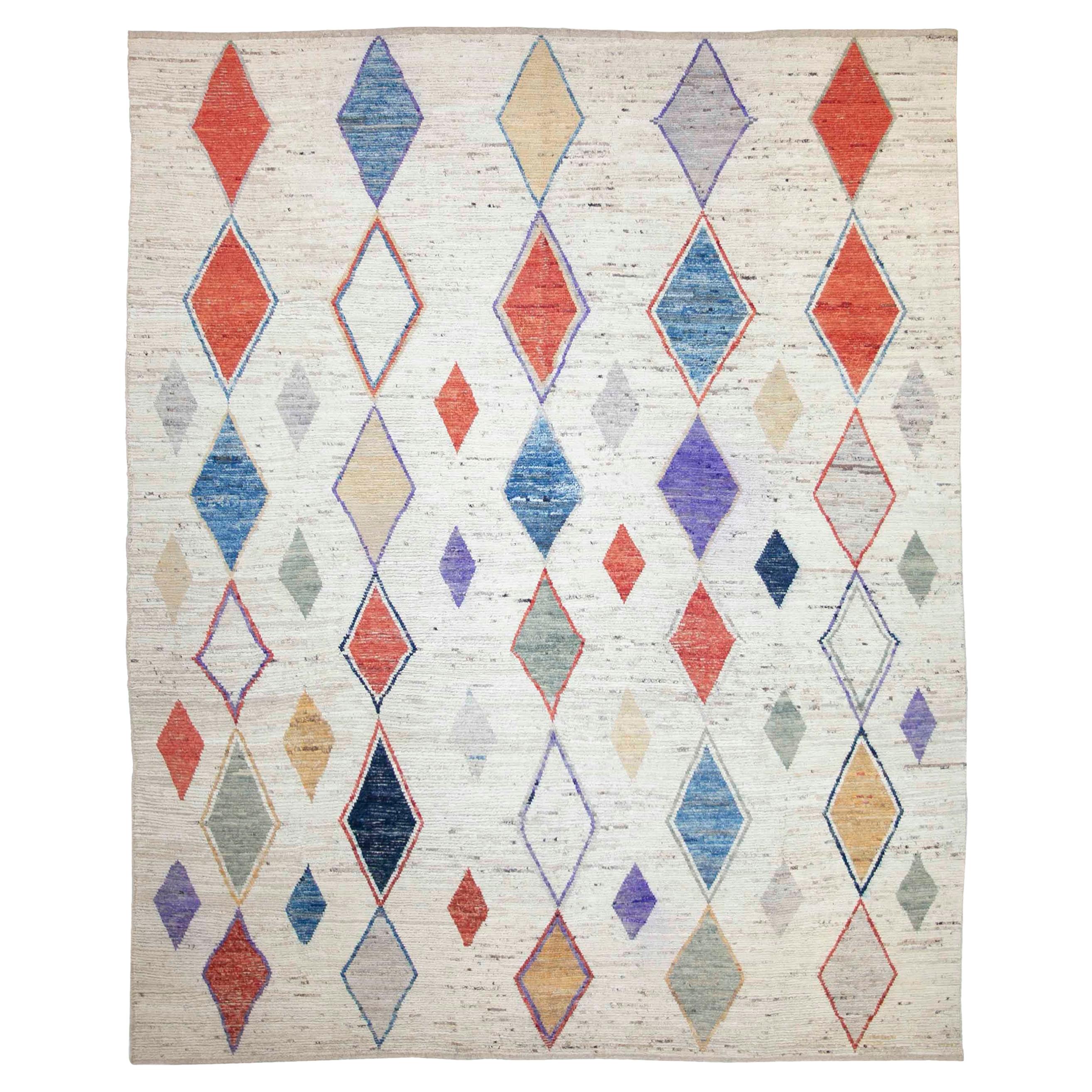Modern Afghan Moroccan Style Rug with Colored Diamond Details For Sale