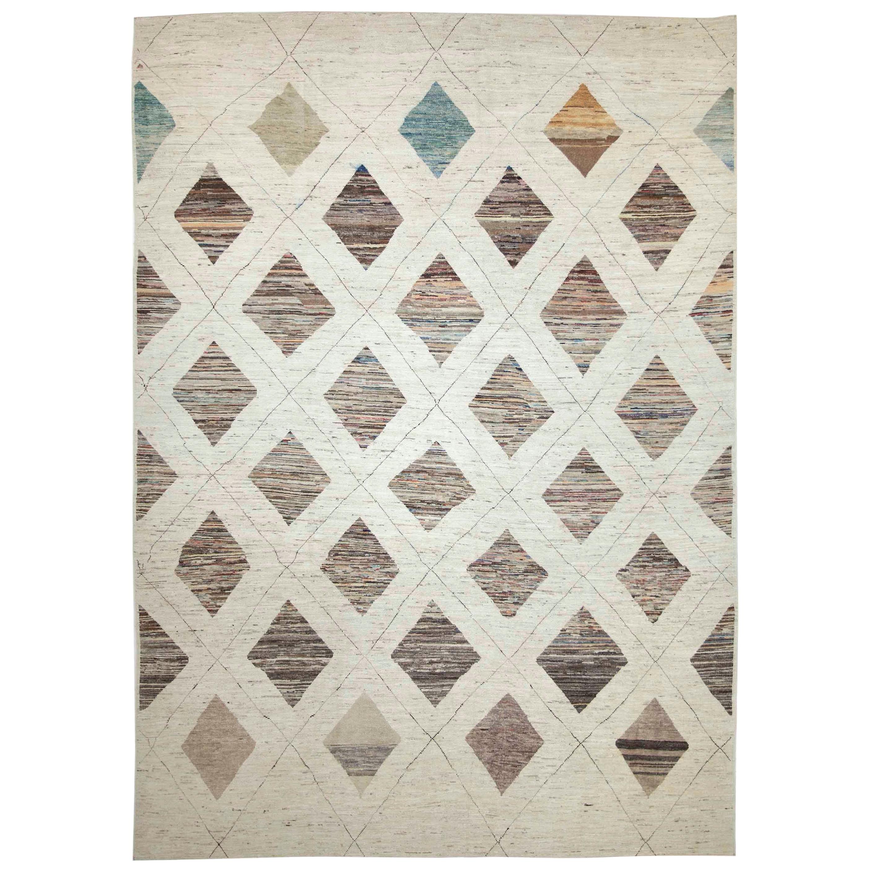 Modern Afghan Moroccan Style Rug with Colored Tribal Diamonds on Ivory Field