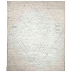 Modern Afghan Moroccan Style Rug with Gray Geometric Details on Ivory Field
